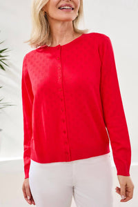 TRIBAL Button Down Front Pointelle Cardigan in rouge - women's cardigan - alternate view