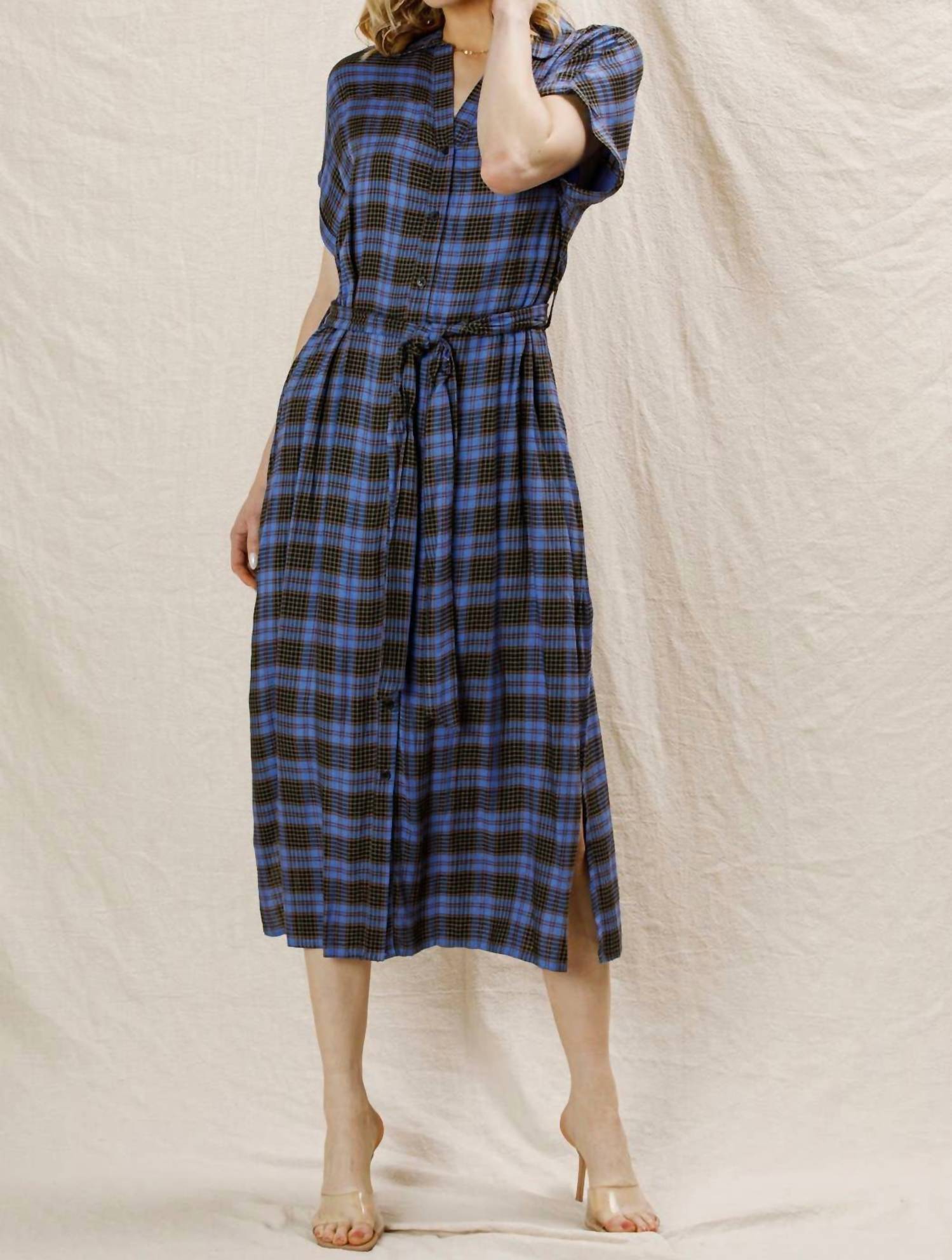 En Creme - Plaid Button Down Belted Shirt Dress