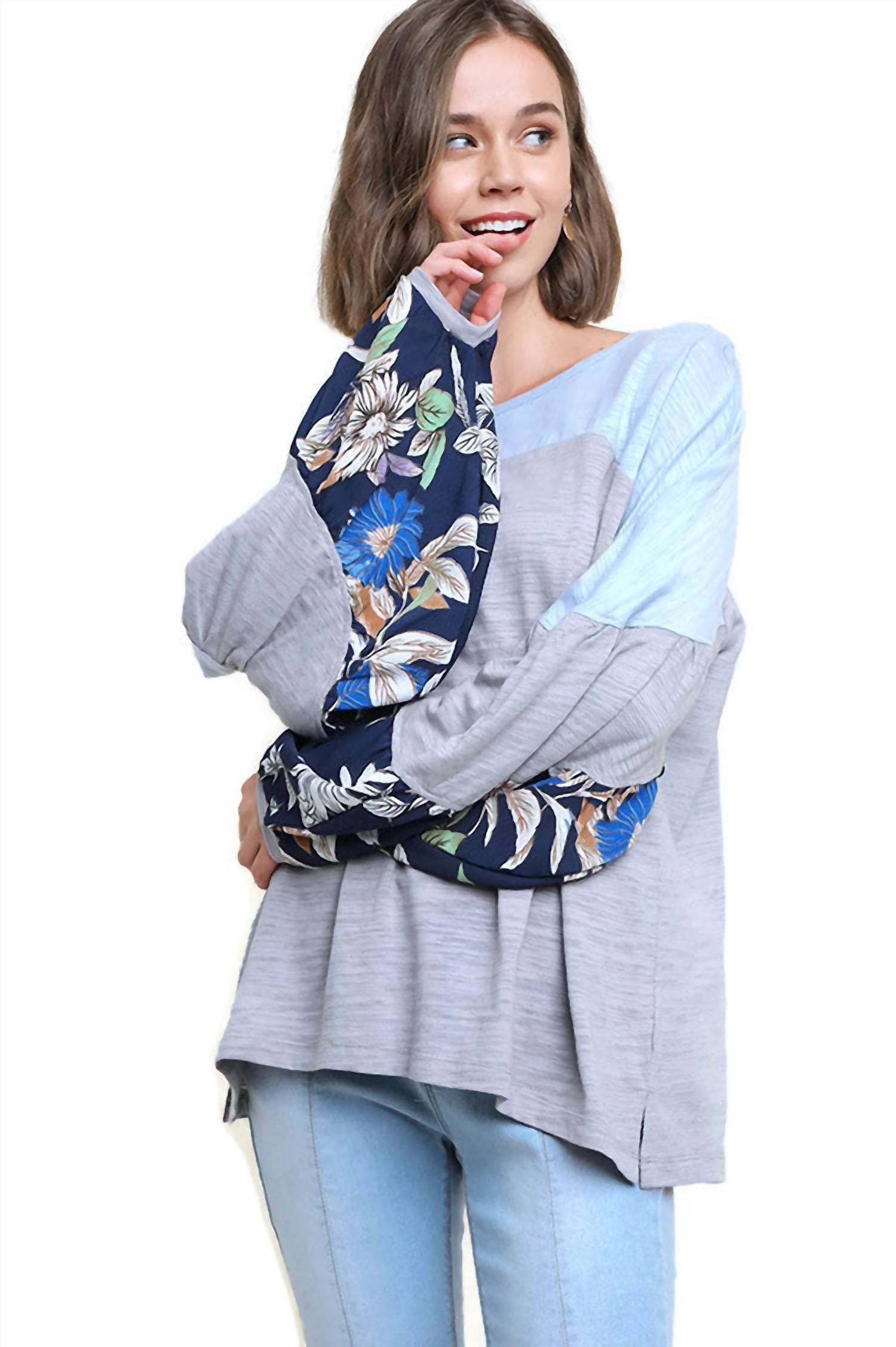 Umgee - Leaf Puff Sleeve Colorblock Top