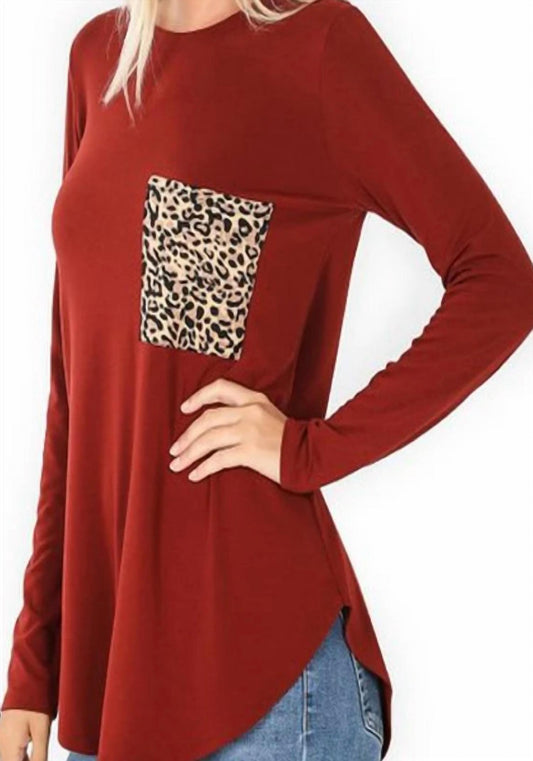 Zenana - Round Neck Leopard Print Pocket Top