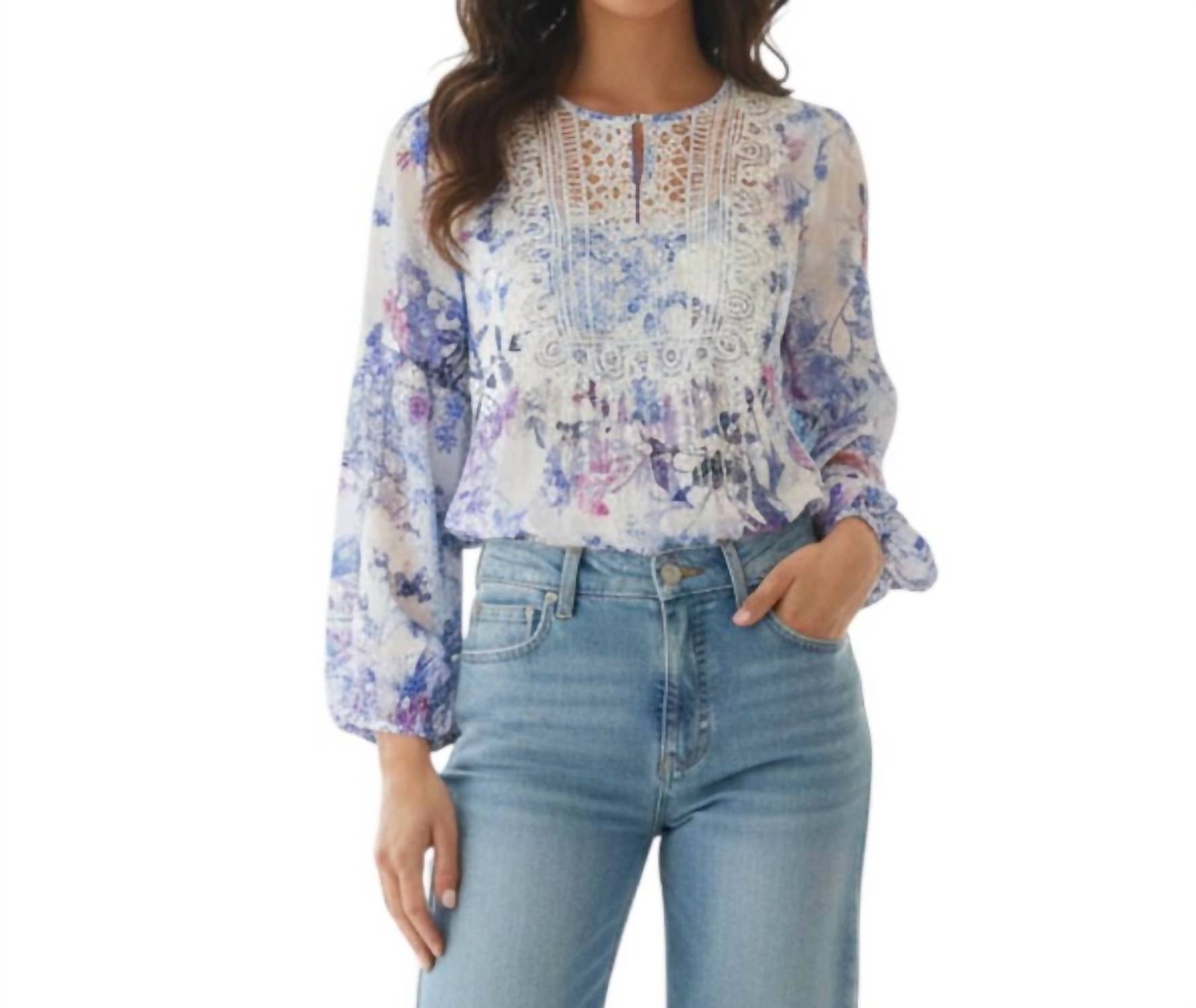 T Tahari - Bishop Sleeve Pleated Lace Paisley Top