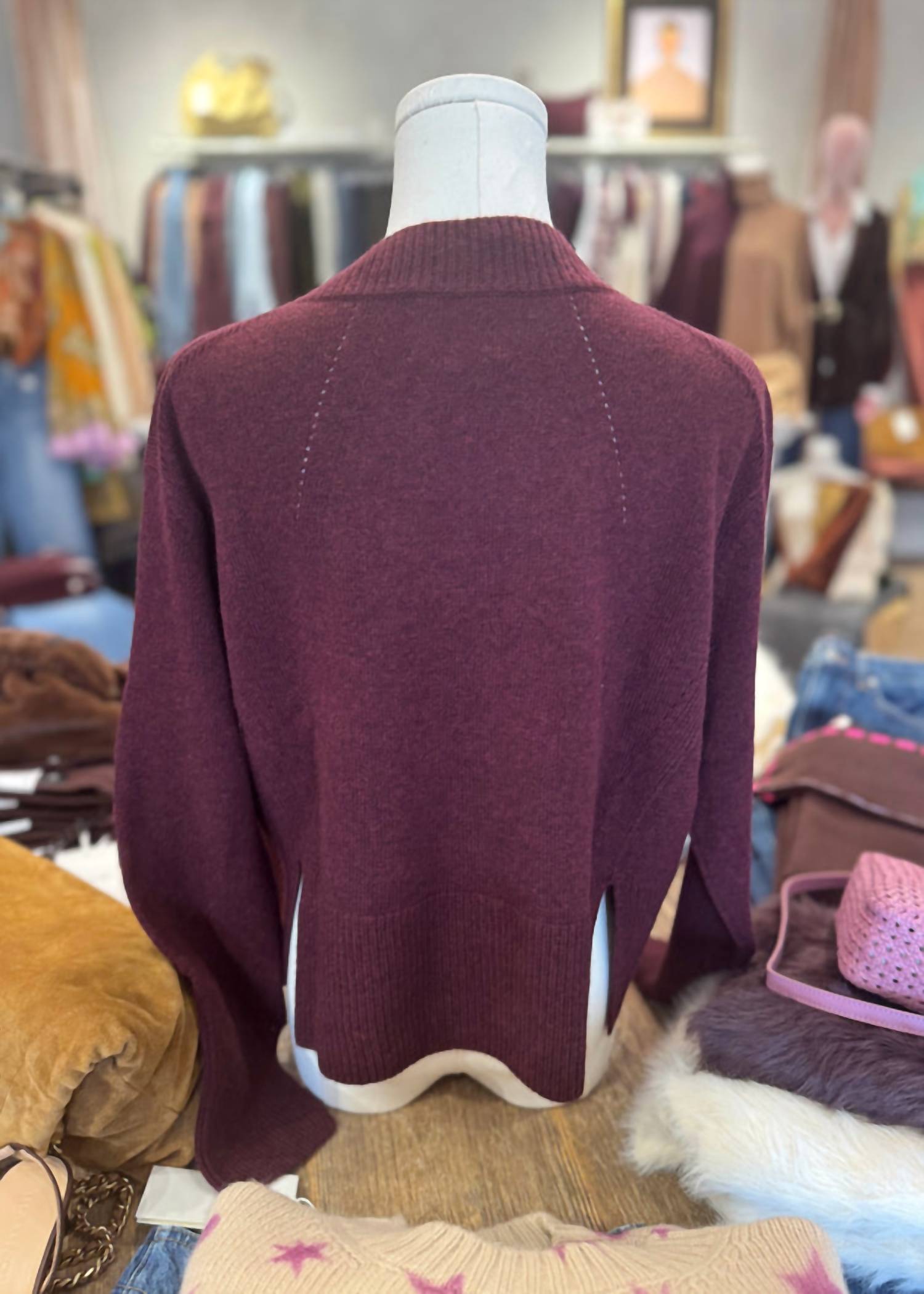 Kujten Women's Jemina V-neck Cashmere Sweater in bordeaux - women's sweater - alternate view