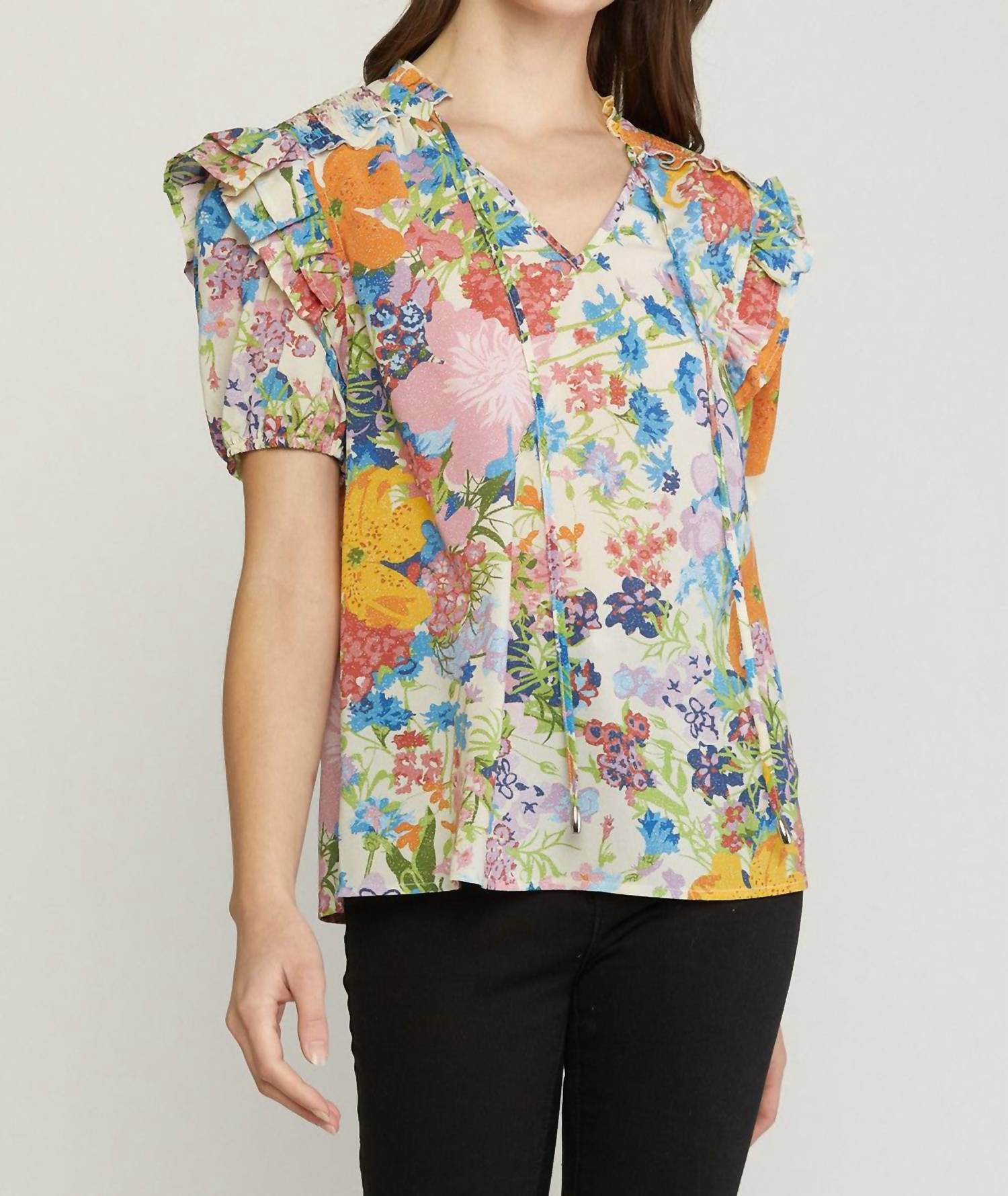 entro Floral Ruffle Sleeve Blouse in multi - women's blouse - detail view