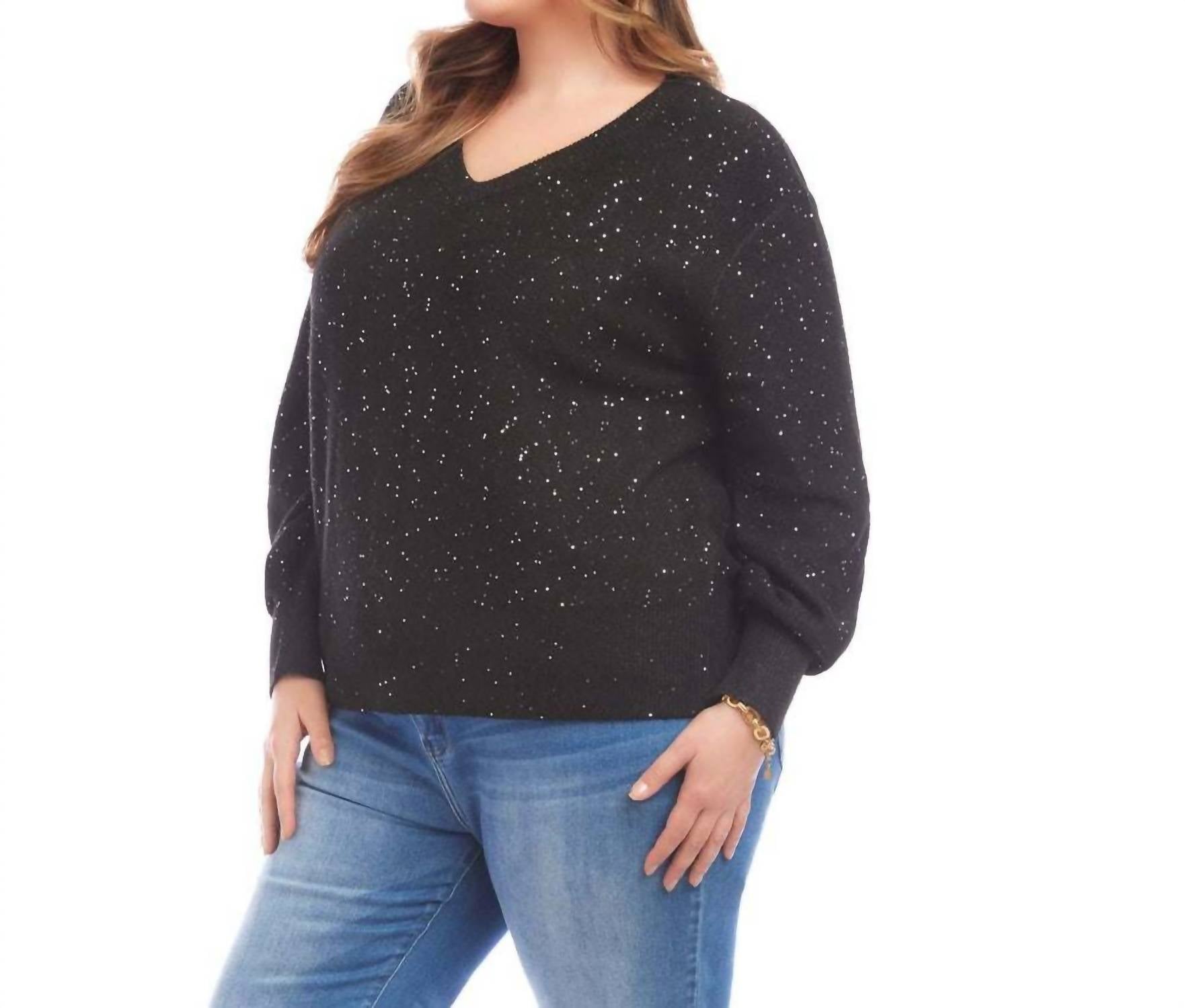 Karen Kane Sequin V-neck Sweater - Plus in black - women's sweater - alternate view