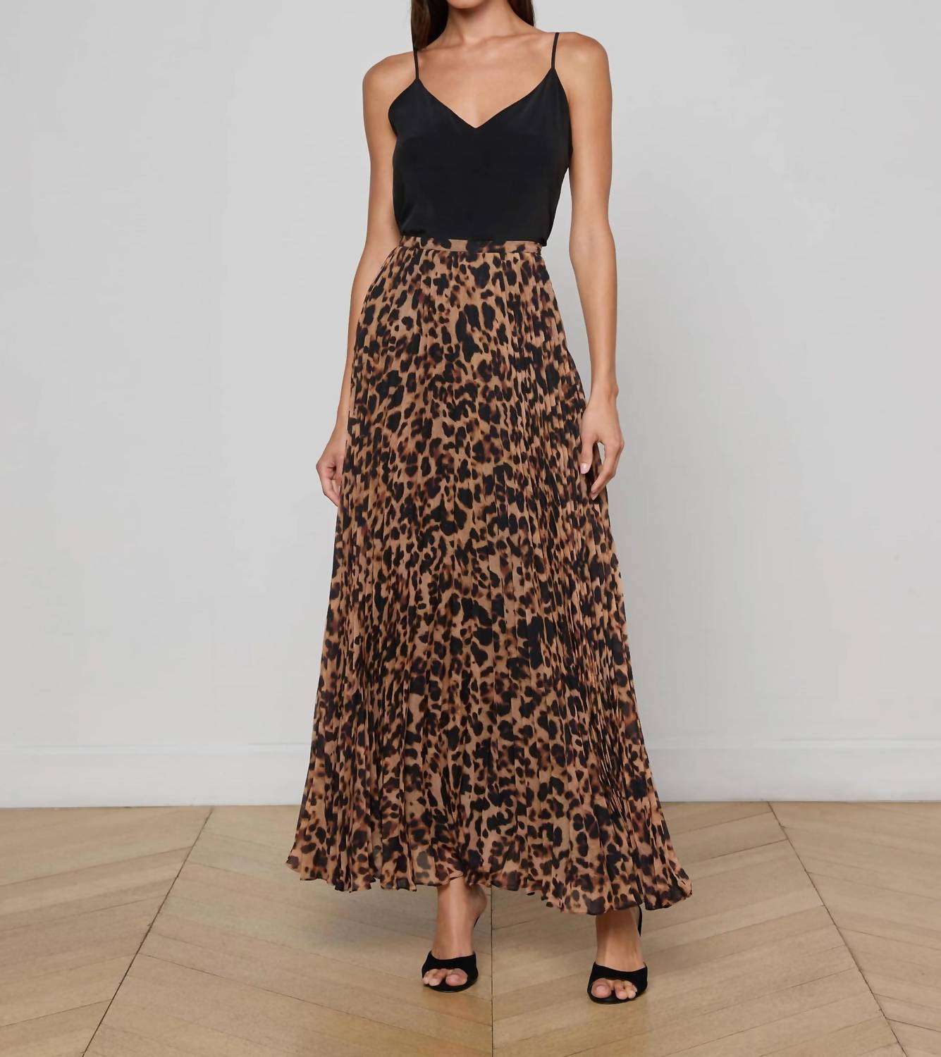 L'Agence Torin Pleated Skirt in brown multi amur leopard - women's skirt - alternate view