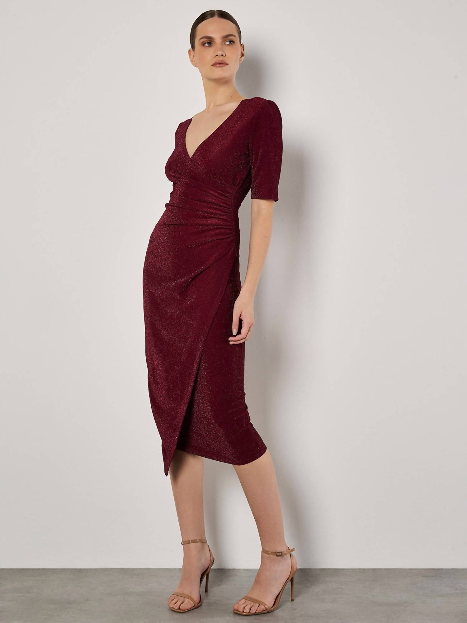 Apricot - Foil Sparkle Metallic Side Ruched Dress