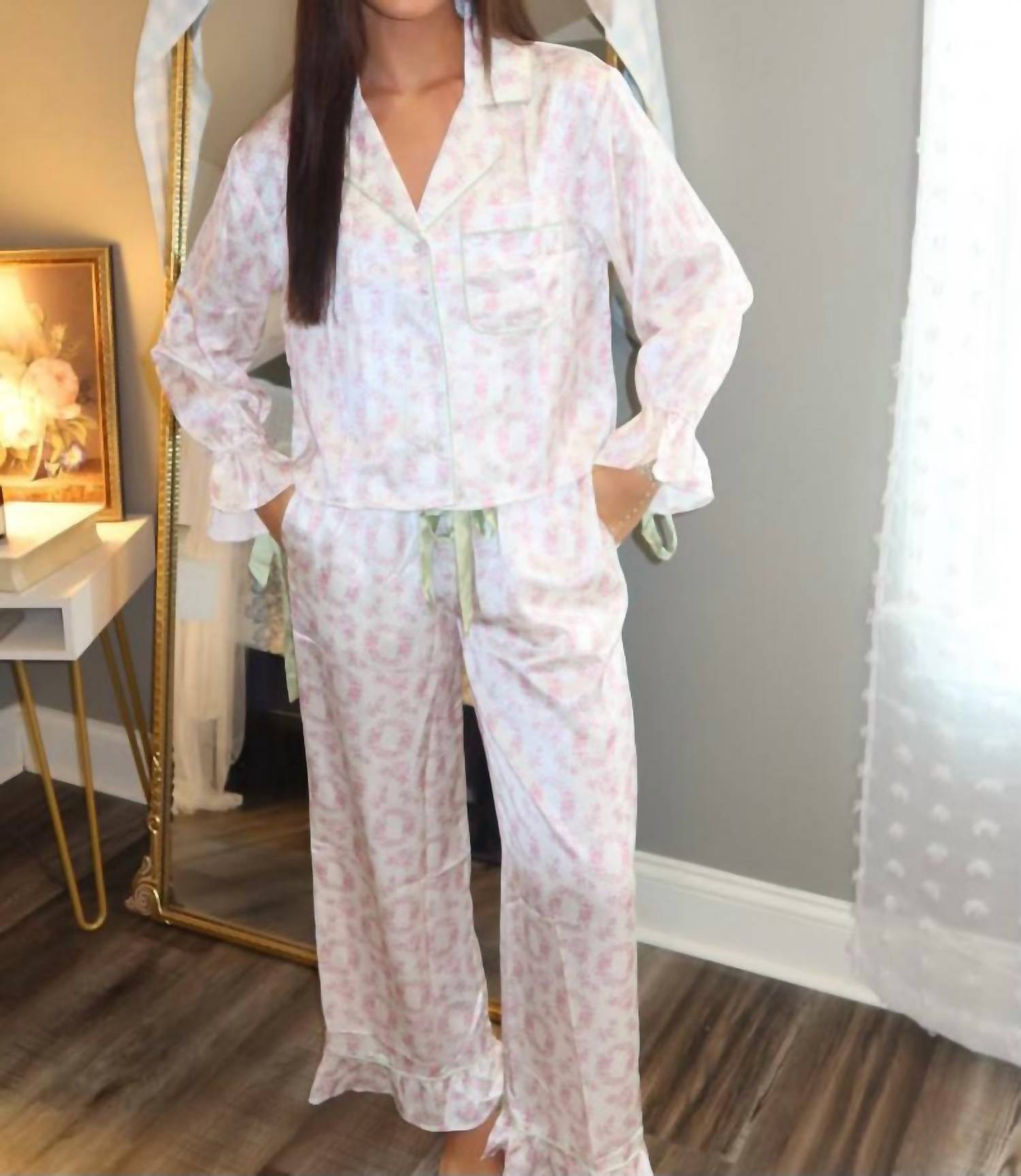Peach Love - Floral Satin Pajama Set