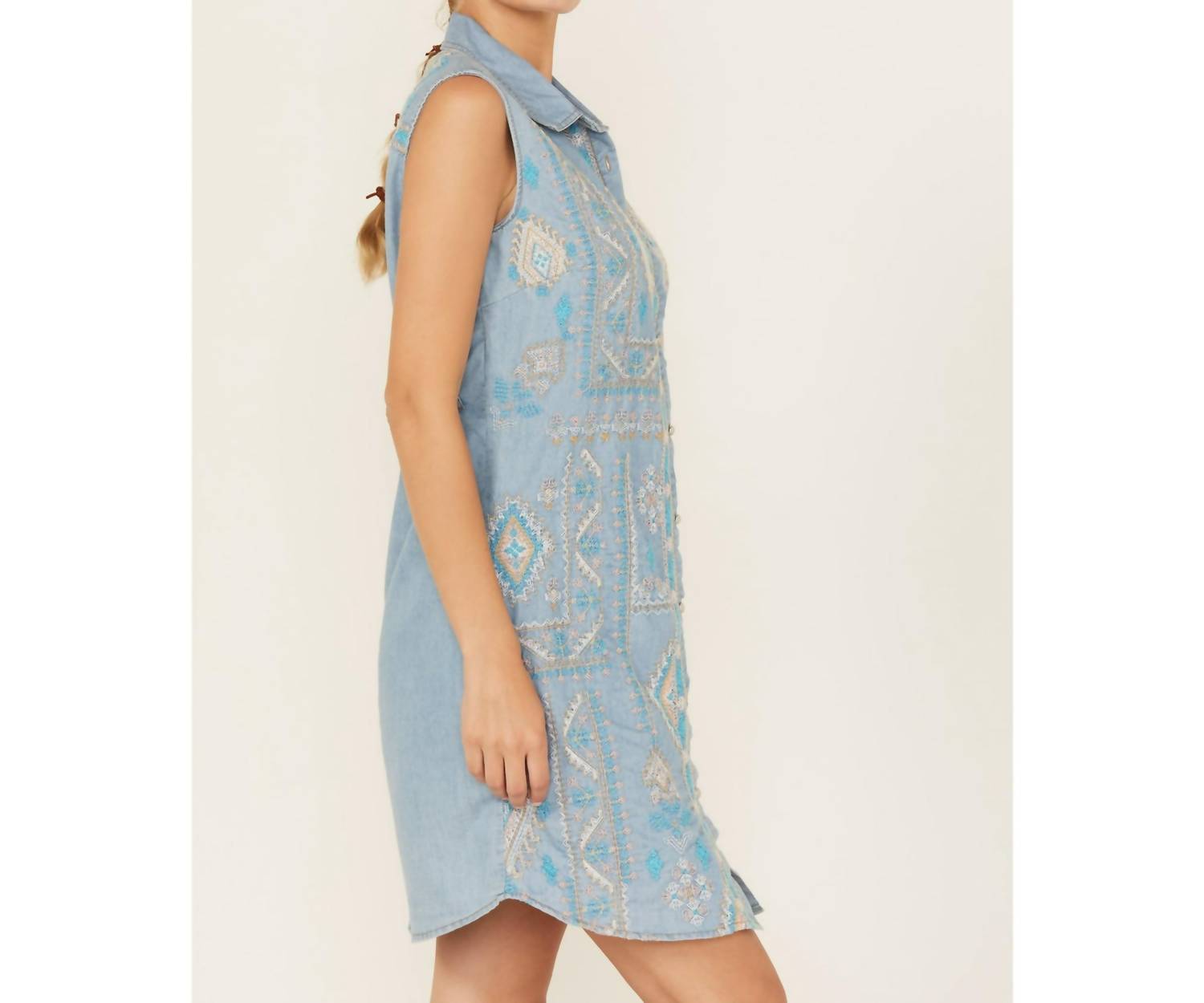 Scully - Embroidered Button Front Denim Mini Dress