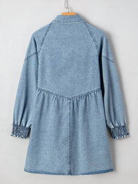 Lovesoft - Smocked Cuffs Flared Denim Shirt Mini Dress