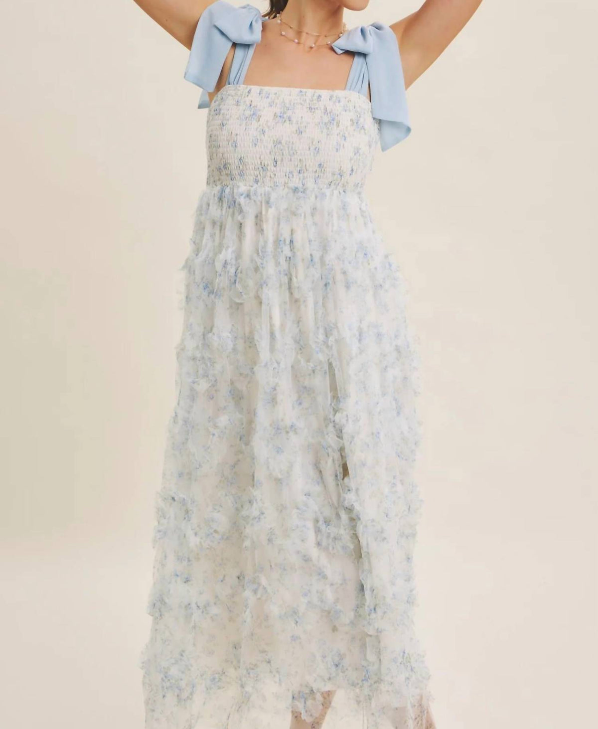 In February - Textured Floral Smocked Midi Dress