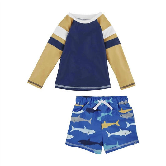 Boy's Shark Rash Guard and Swim Trunk Set