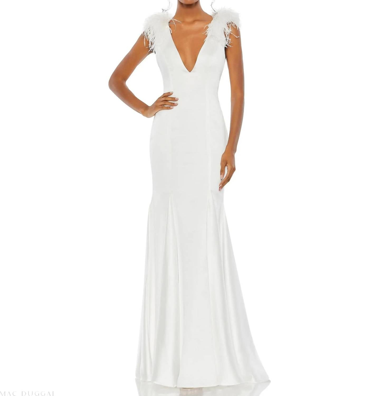 Mac Duggal - Women's Satin Feather Shoulder V Neck Gown