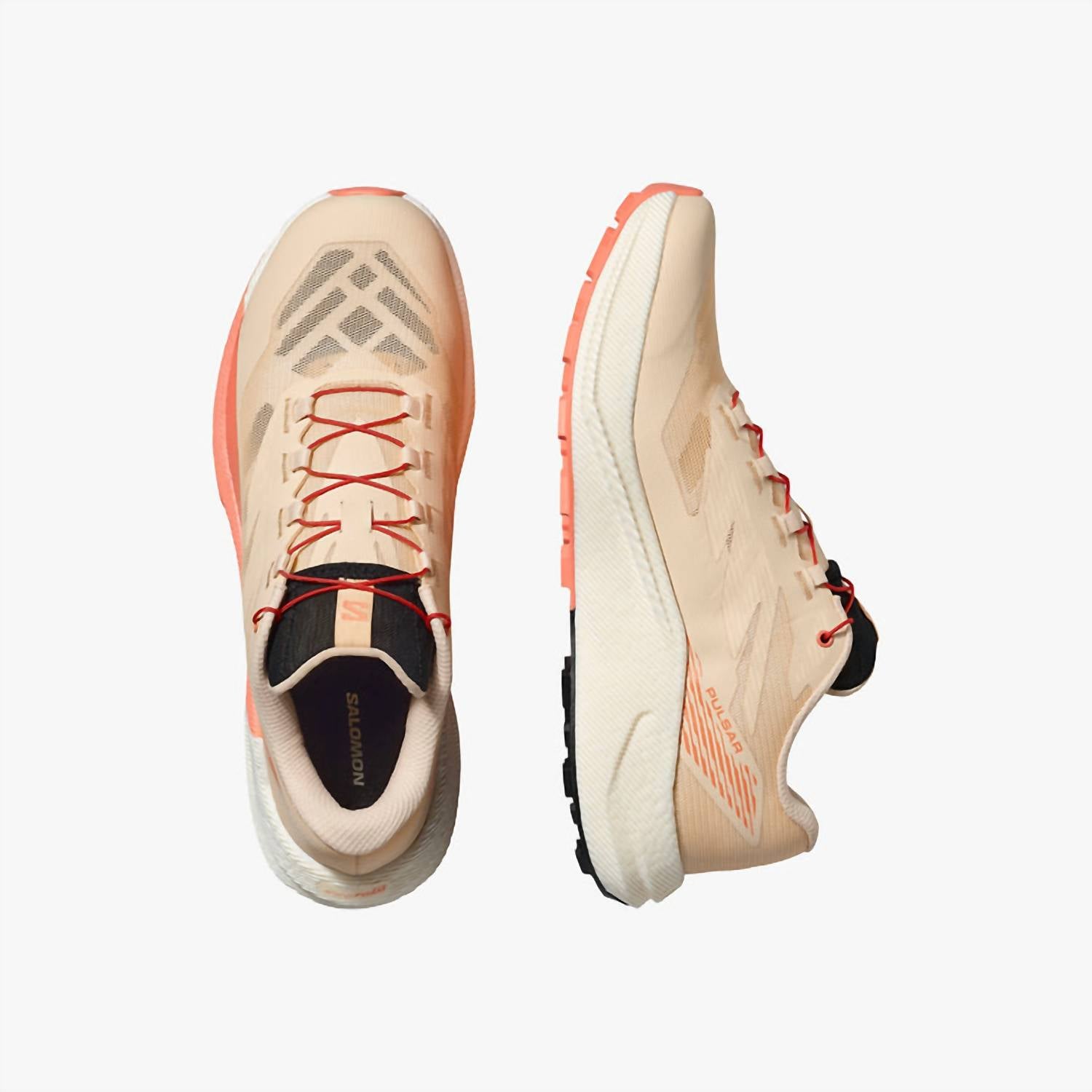 SALOMON Women's Pulsar Trail Running Shoe in tender peach vanilla ice fusion coral - women's shoe - detail view