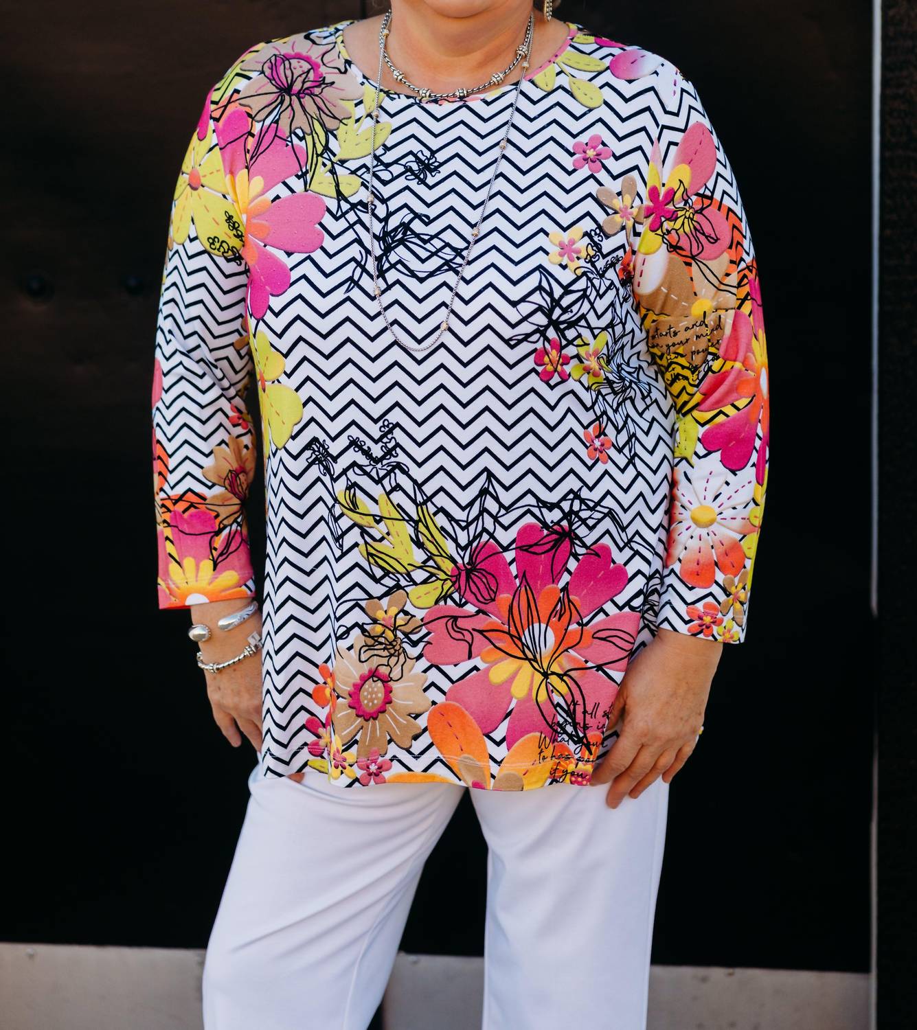 Multiples - 3/4 Sleeve Scoop Neck Embelished Top