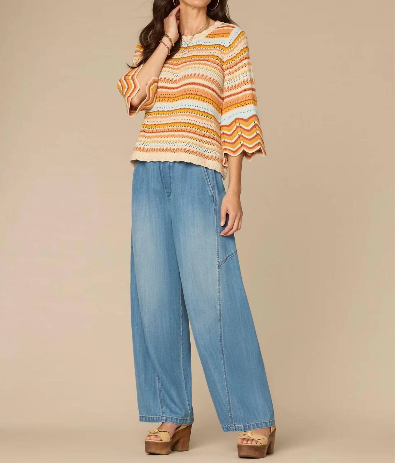 Democracy Bell Sleeve Crochet Striped Sweater in multicolor - women's sweater - alternate view
