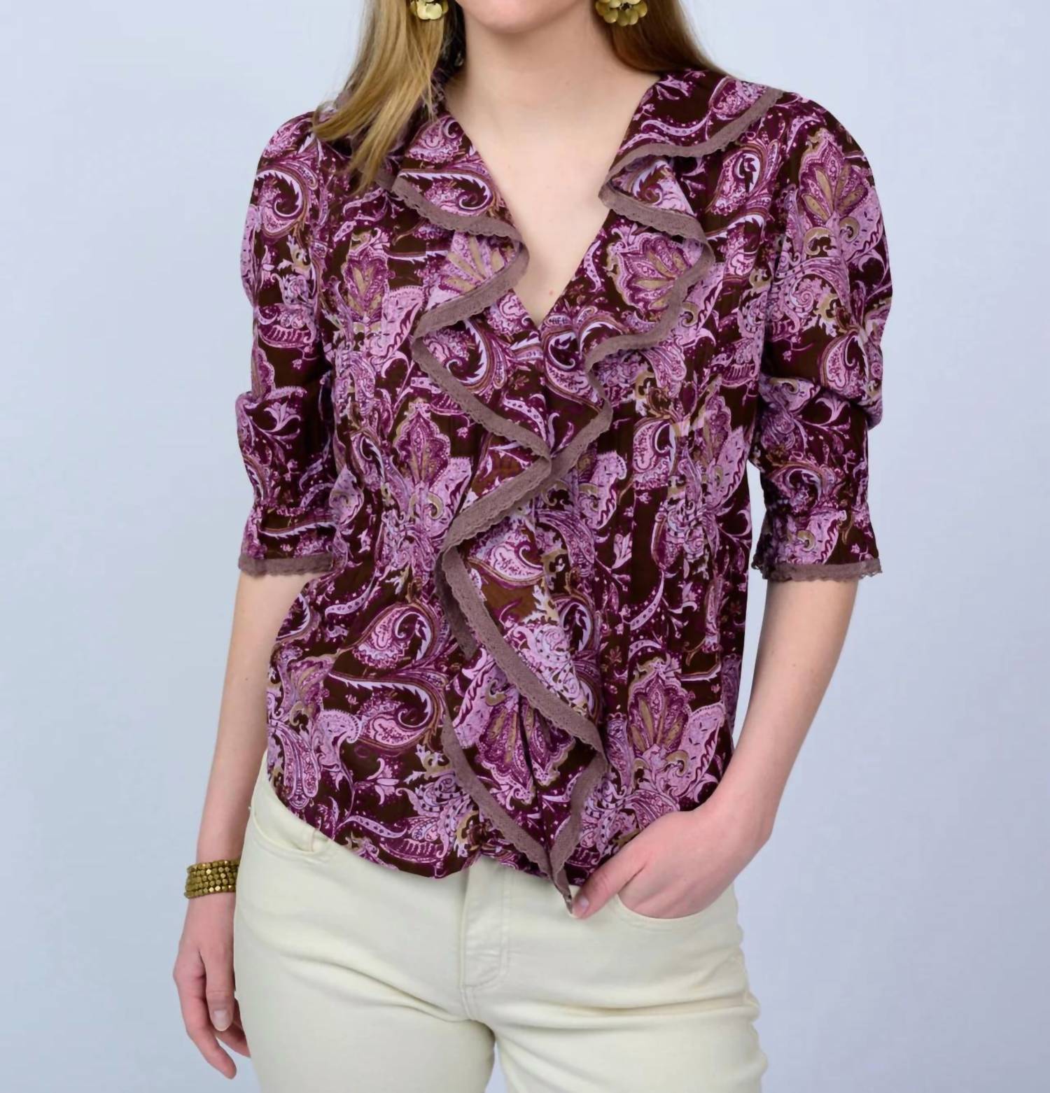 Ivy Jane Paisley ruffle top in chocolate - women's blouse