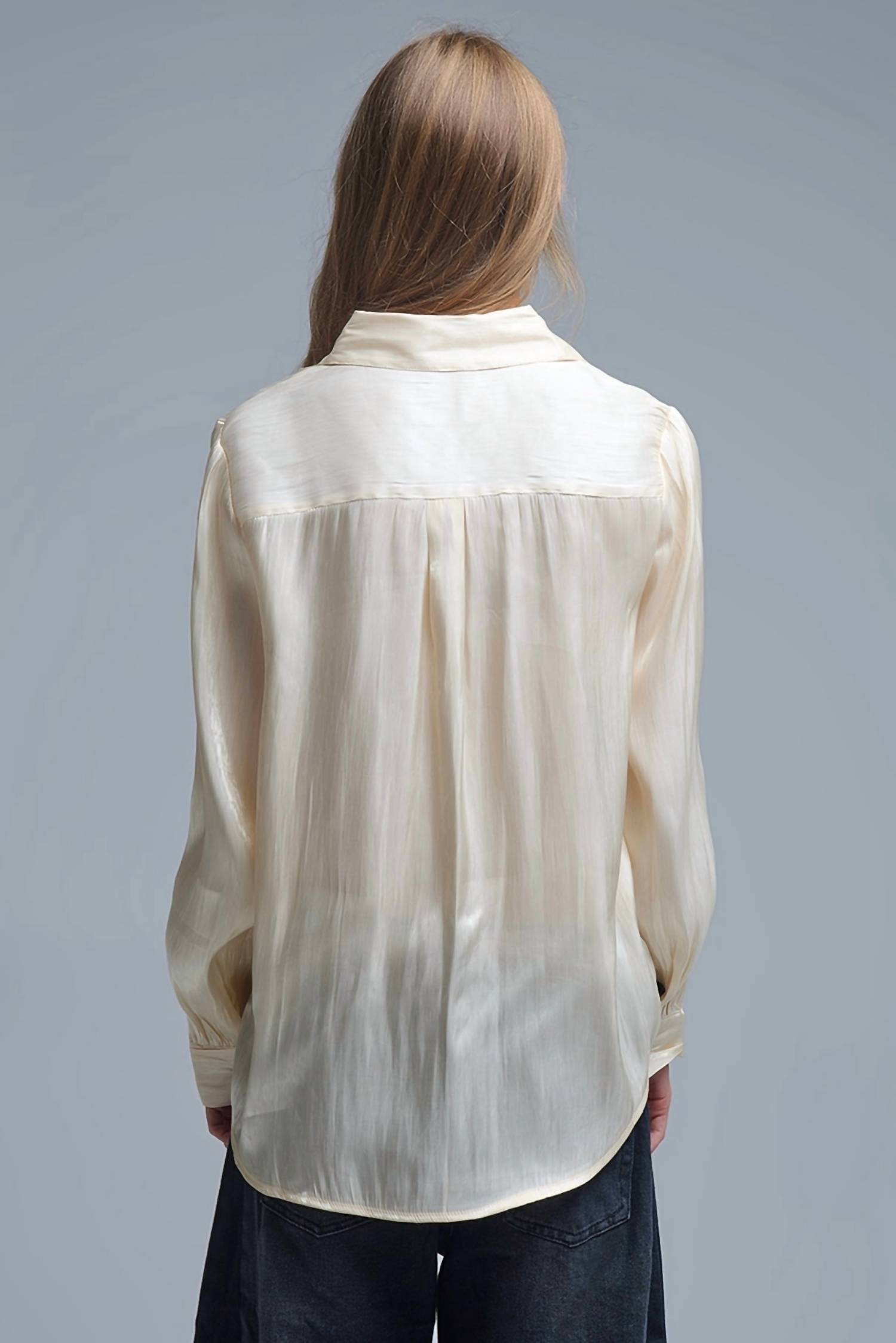Q2 Elegant Button Up Satin Silk Top in beige - women's long sleeve top - alternate view