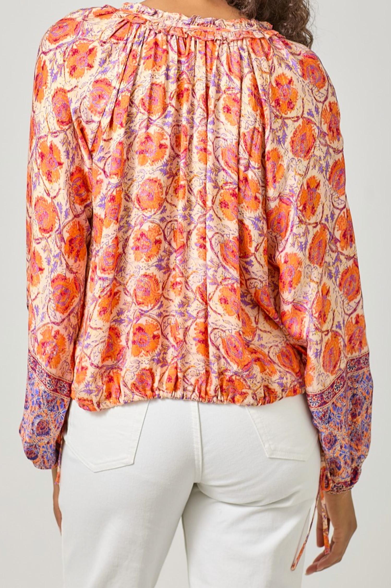 mystree Women's Border Print Ruffle Top in oat orange - women's shirt - detail view