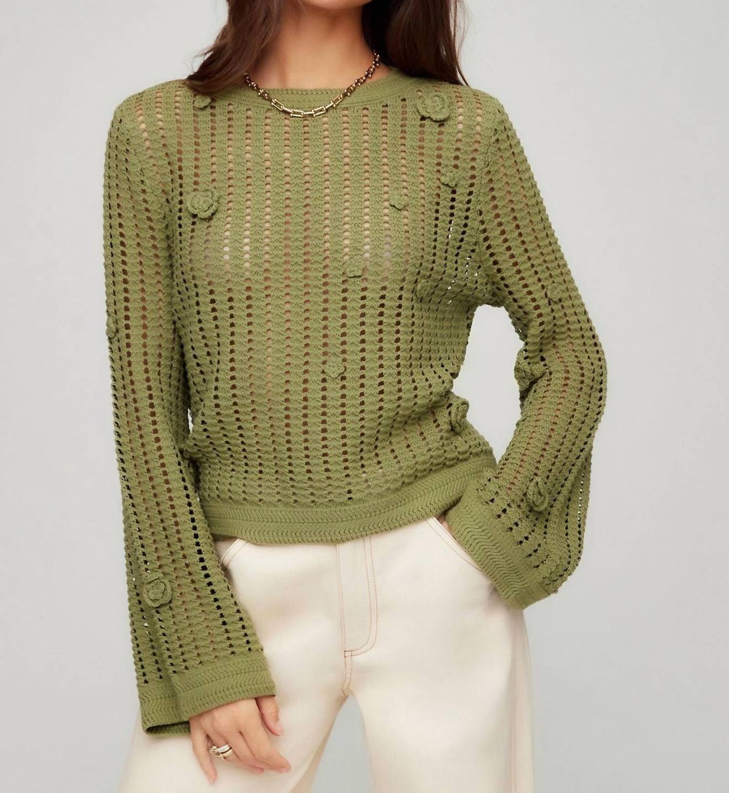 Fifteen Twenty Liv Crochet Sweater in olive - women's sweater