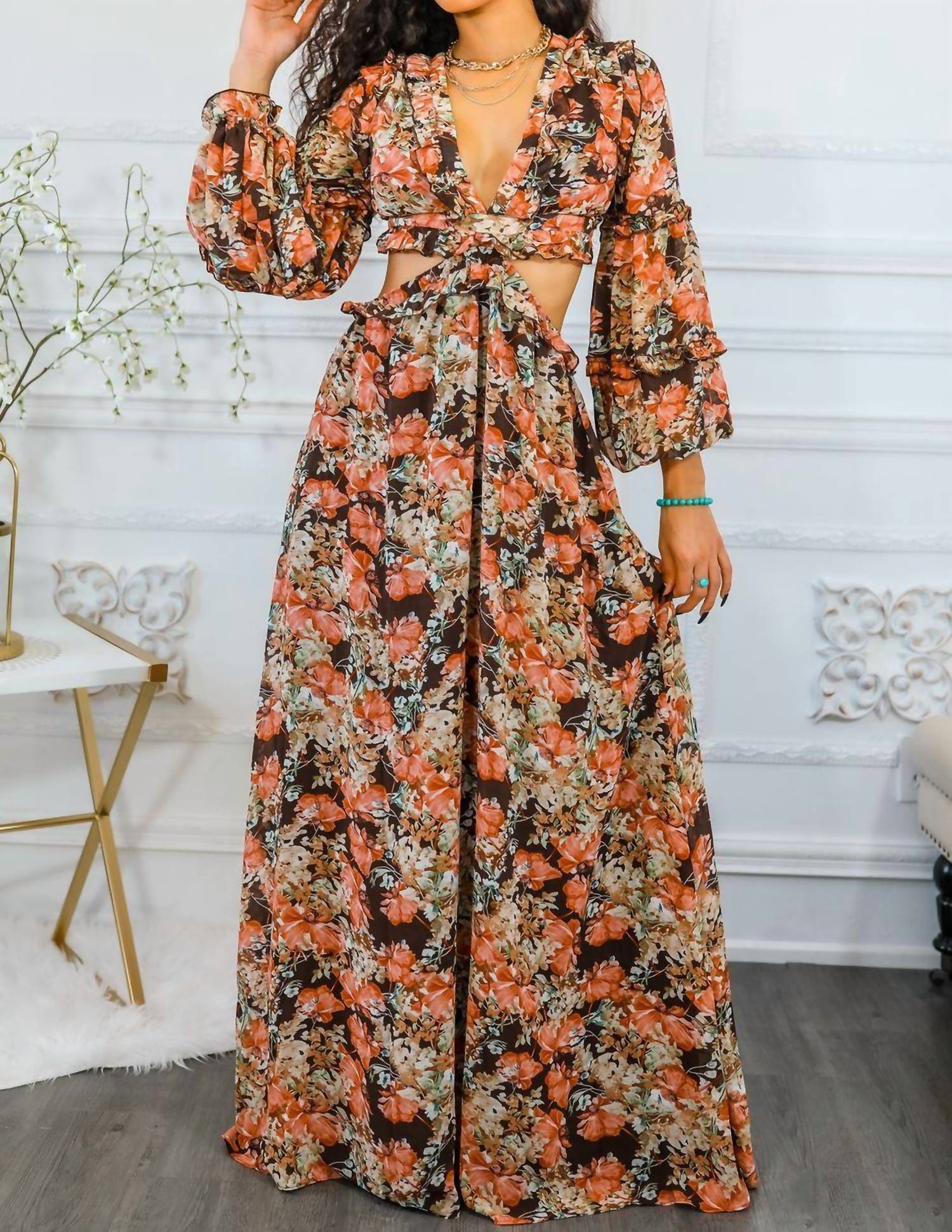 Surelymine - Floral Scent Cut Out Maxi Dress