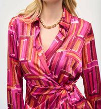 Joseph Ribkoff Long Sleeve Wrap Dress in pink multi - women's dress - view 4