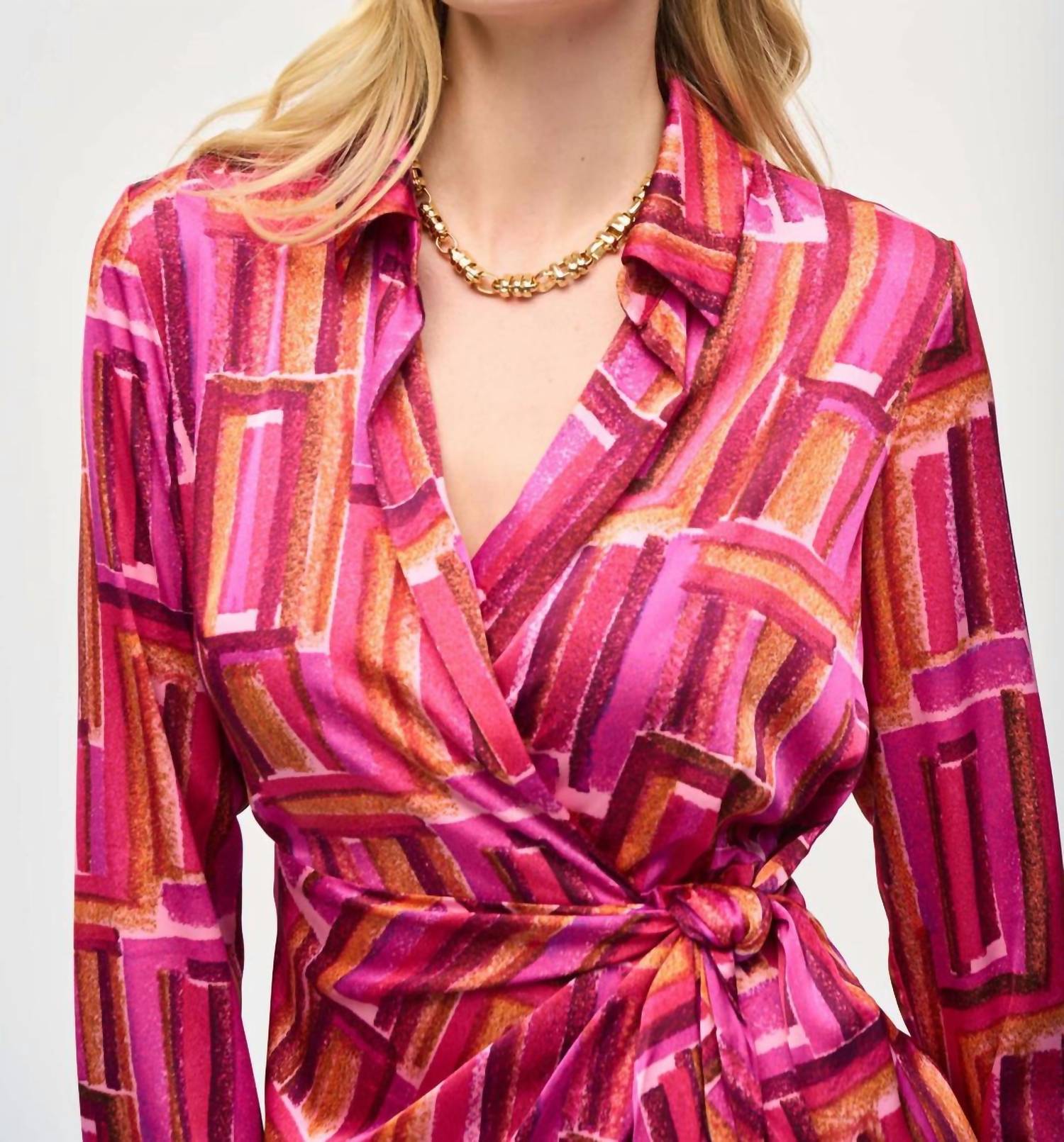 Joseph Ribkoff Long Sleeve Wrap Dress in pink multi - women's dress - view 4