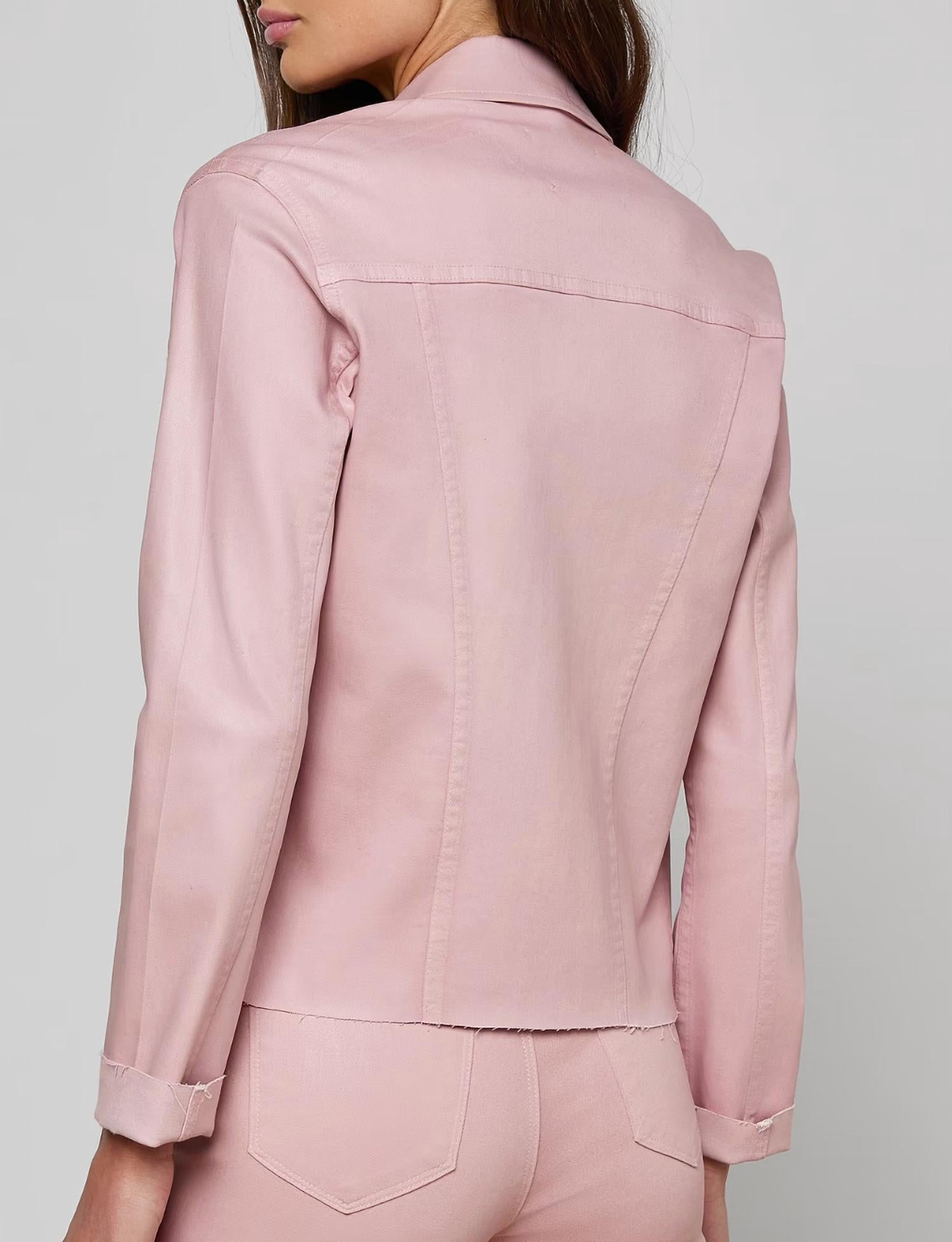 L'Agence Janelle Slim Raw Jacket in pale rose coated - women's jacket - detail view