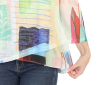 Jess & Jane Monaco Burnout Mesh Contrast Top in colorful abstract sublimation - women's blouse - detail view