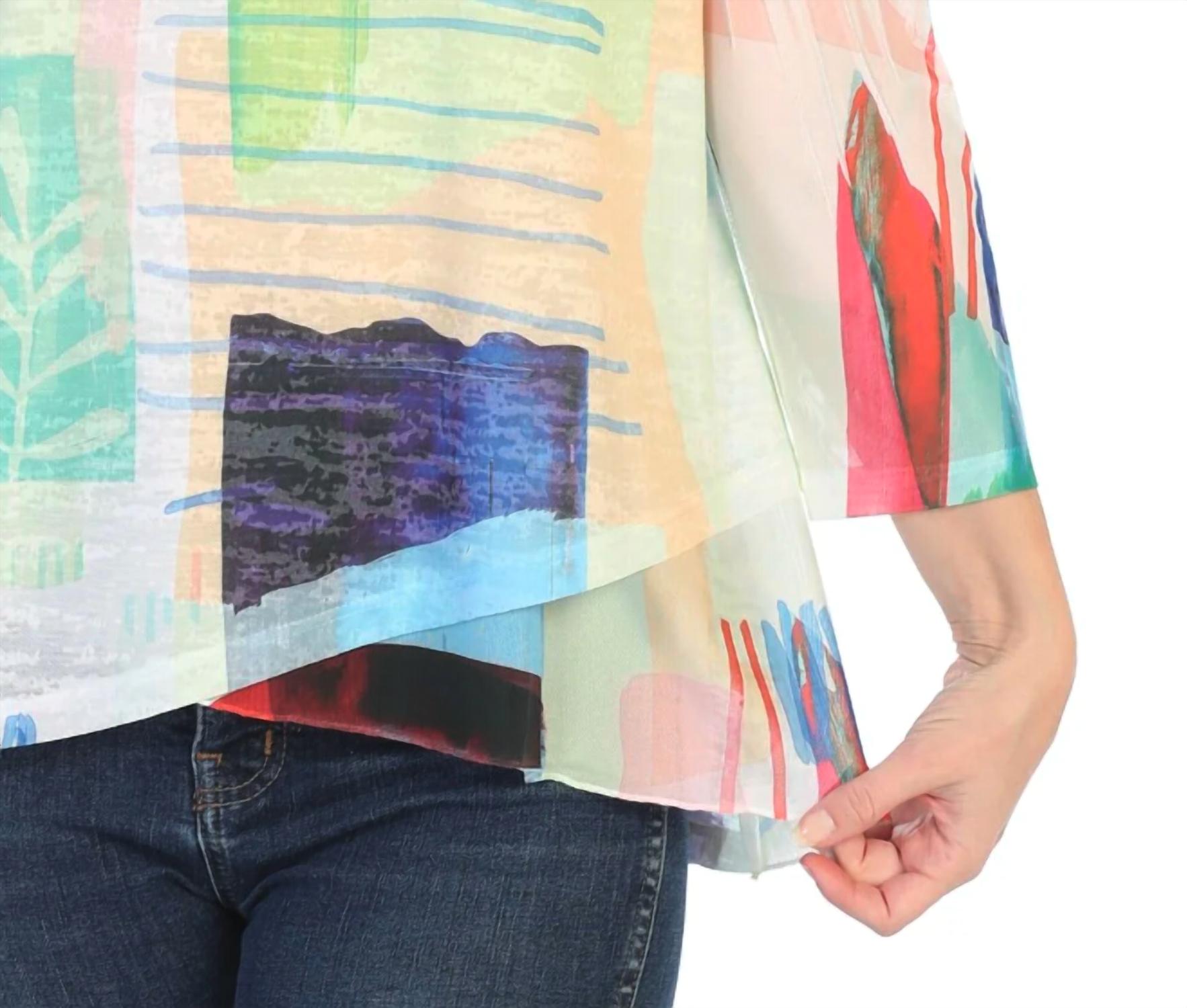 Jess & Jane Monaco Burnout Mesh Contrast Top in colorful abstract sublimation - women's blouse - detail view