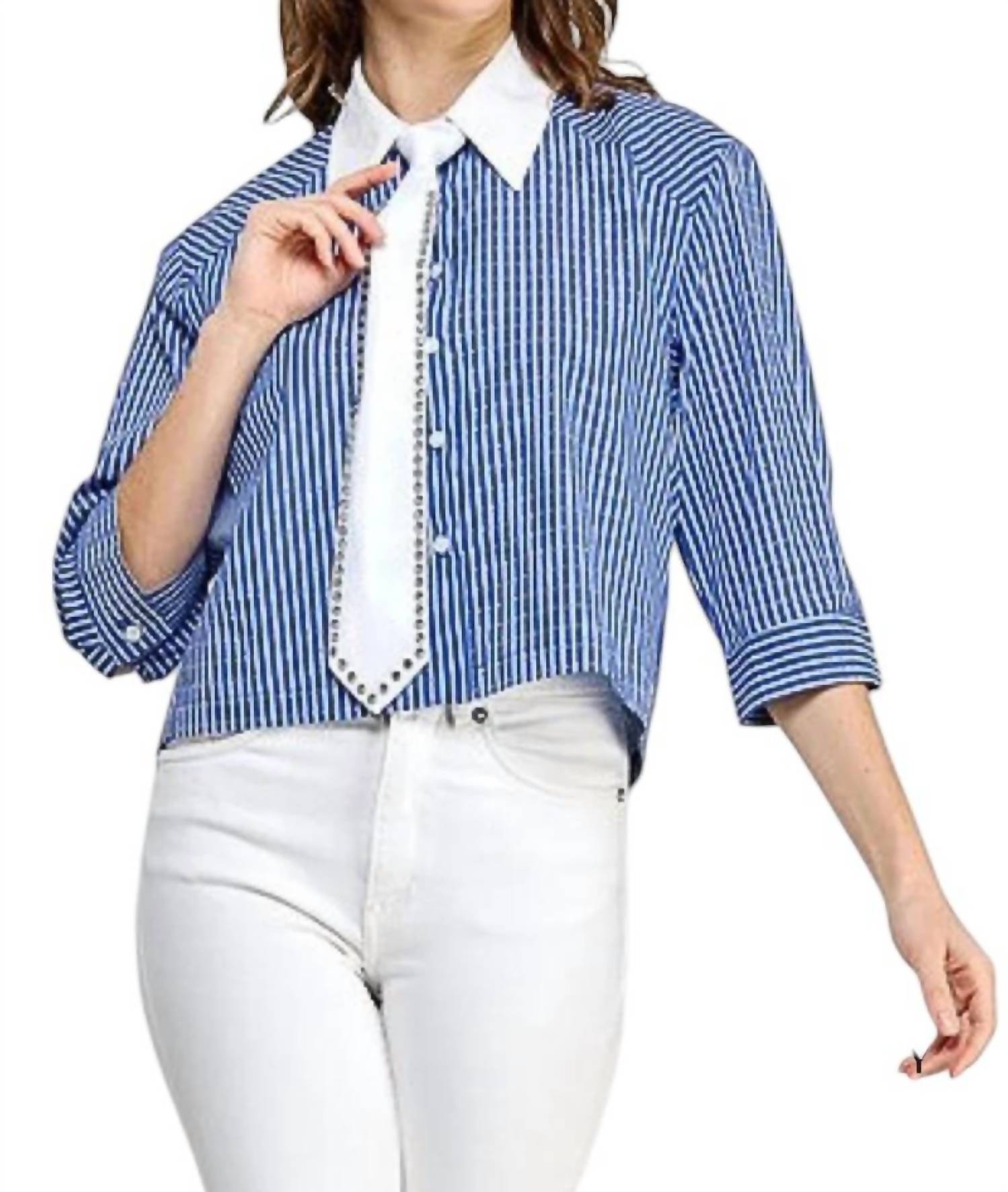 Pastel Design - Roberta Embellished Striped Cropped Shirt With Tie