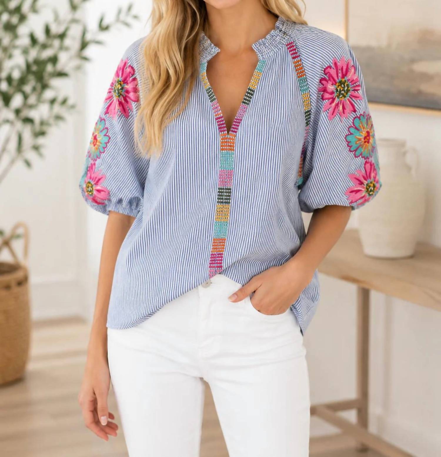 Thml - Puff Sleeve Embroidery Stripe Top