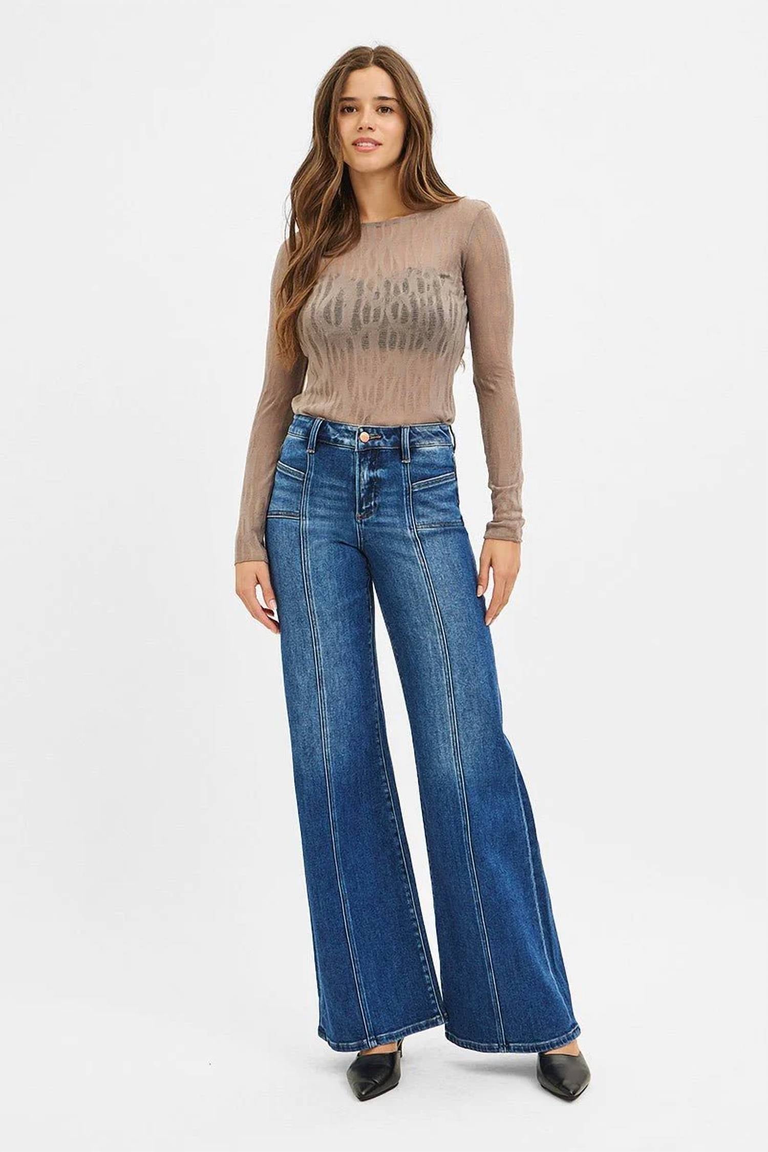 Risen - Mid-rise Front Seam Wide-leg Western Jeans