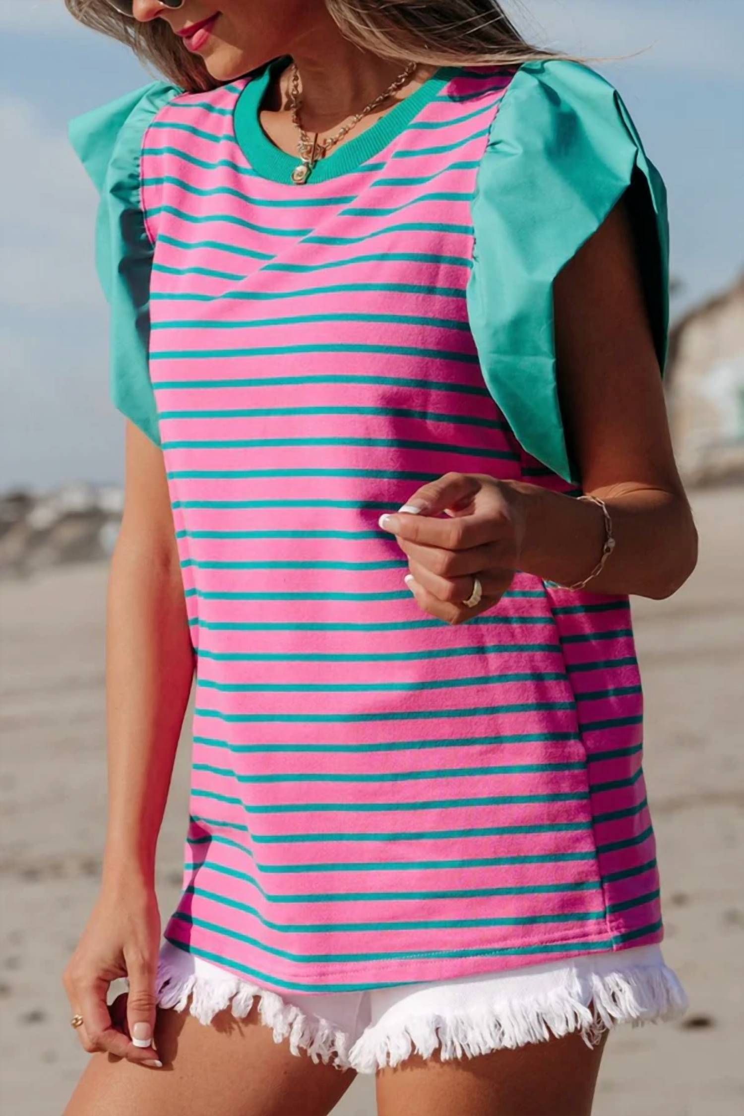 1 The Woman - Stripe Colorblock Ruffled Sleeve Crew Neck Blouse