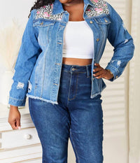 Baeful - Floral Distressed Raw Hem Denim Jacket