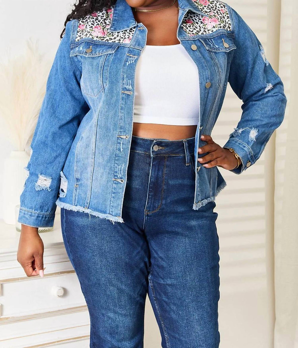 Baeful - Floral Distressed Raw Hem Denim Jacket