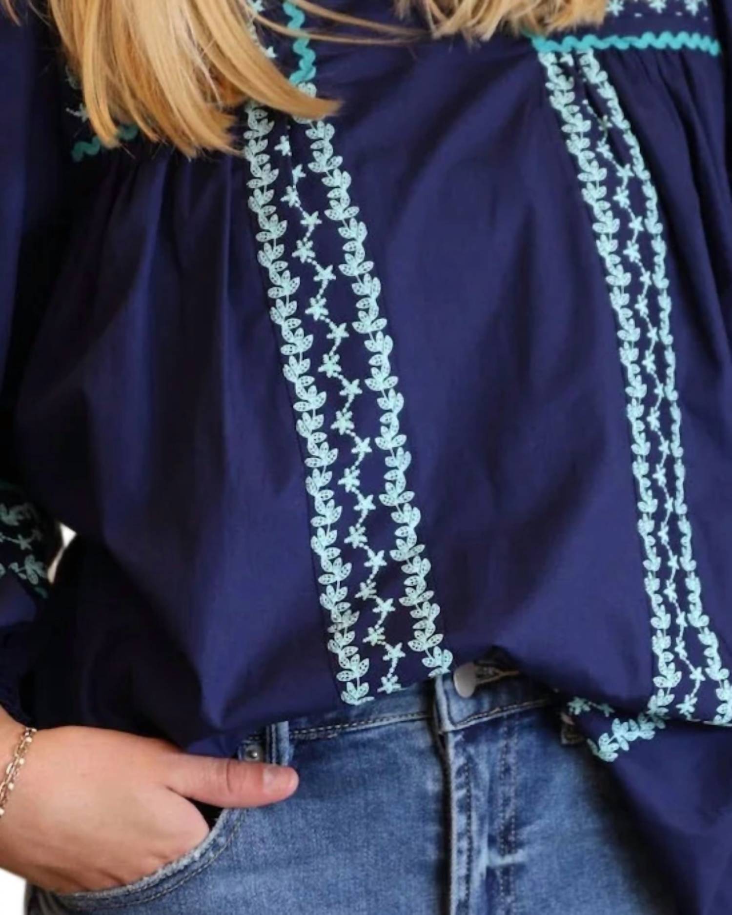Celina Moon Shea Peasant Blouse in blue azure - women's blouse - detail view