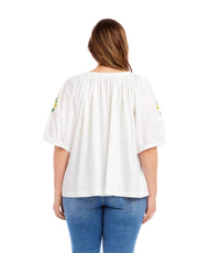 Karen Kane Puff Sleeve Embroidered Peasant Top - Plus in off white - women's t-shirt - detail view