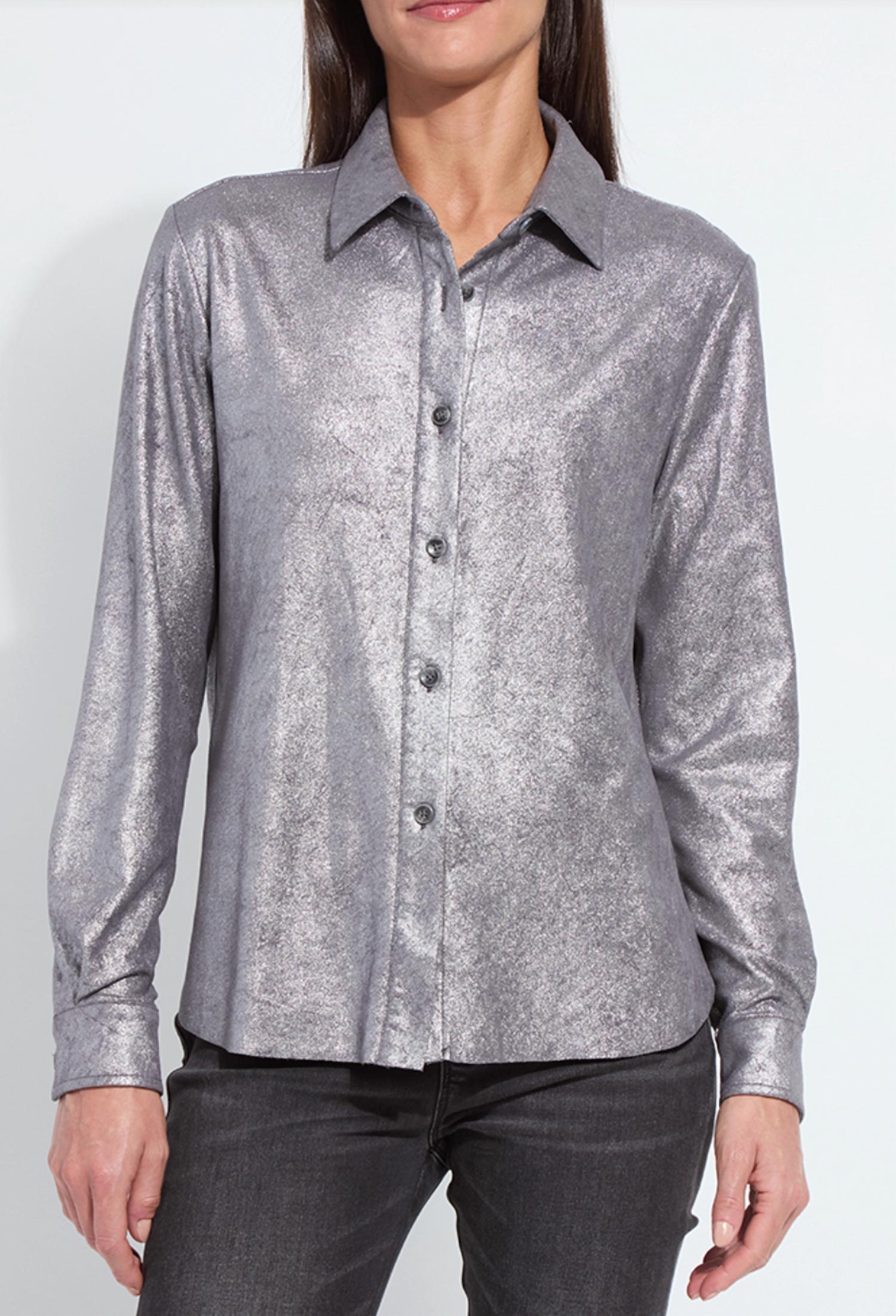 Lysse Connie Patent Foil Vegan Suede Shacket in silver 1 - women's shirt - view 5
