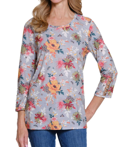 Multiples - 3/4 Sleeve Scoop Neck Top With Lace Trim