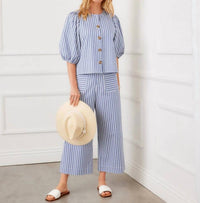 Karen Kane - Stripe Puff Sleeve Button Front Top