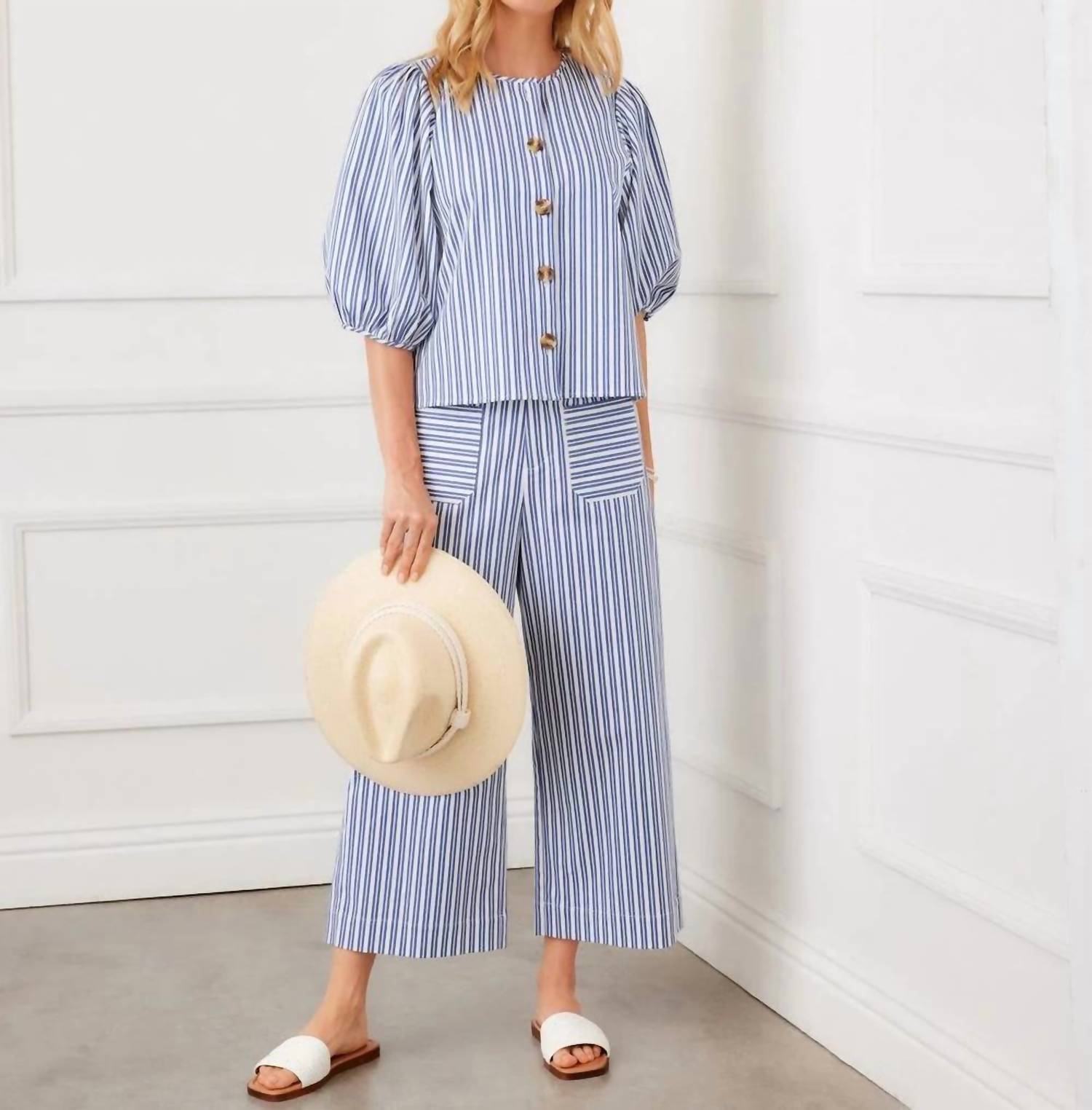 Karen Kane - Stripe Puff Sleeve Button Front Top