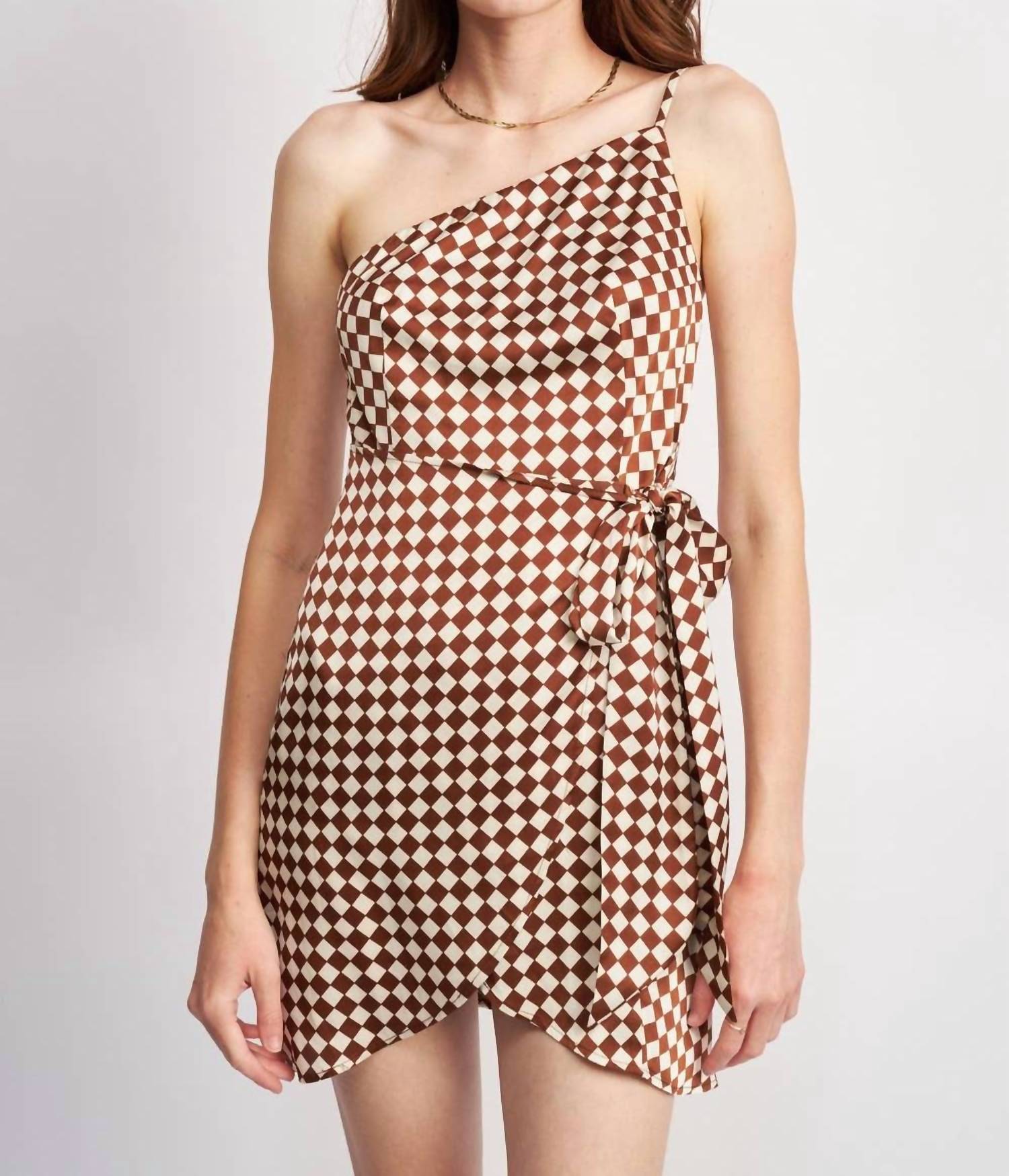 Emory Park - One Shoulder Wrapped Checkerboard Dress