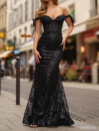 Sherri Hill - Sequin Lace Off The Shoulder Fitted Gown