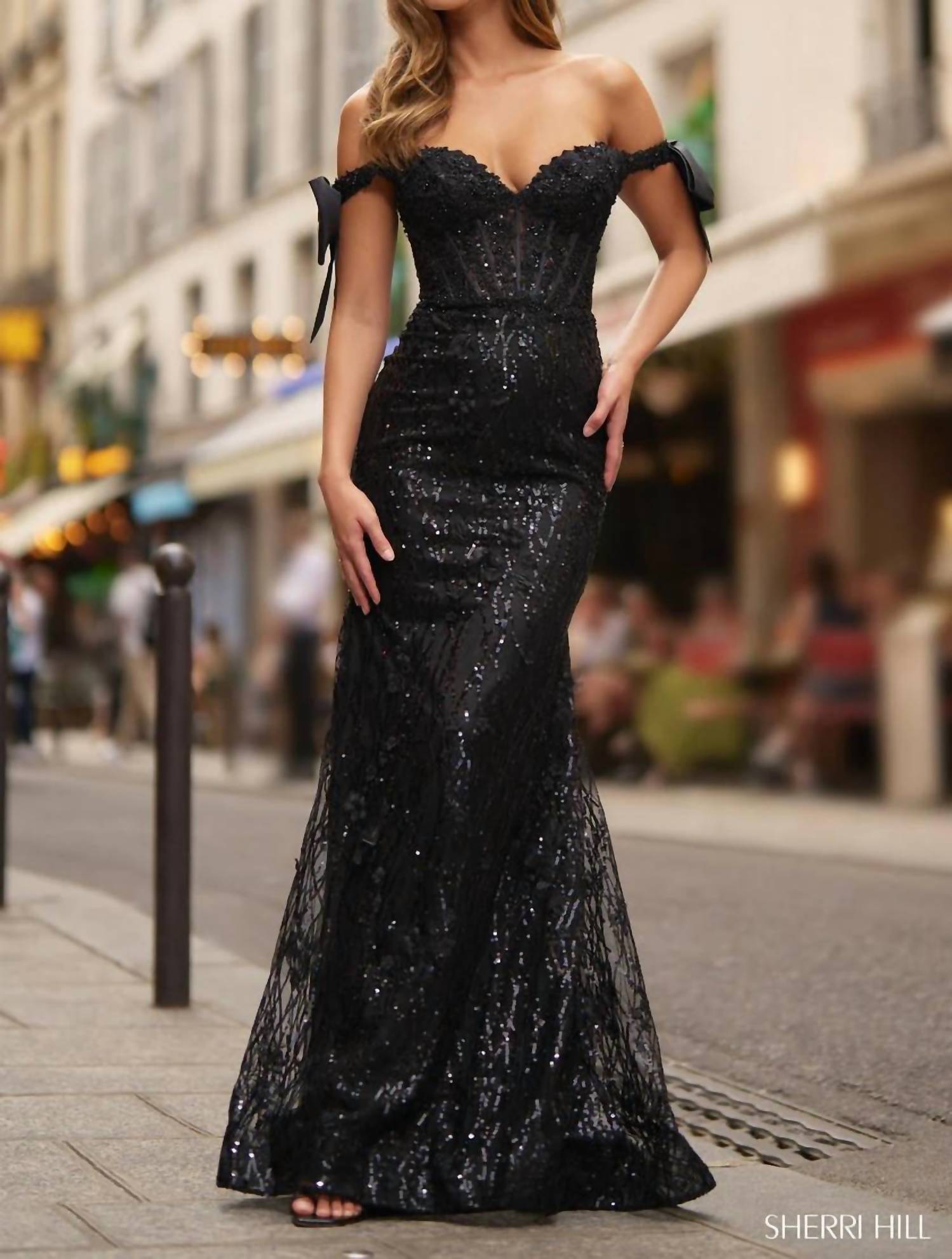 Sherri Hill - Sequin Lace Off The Shoulder Fitted Gown