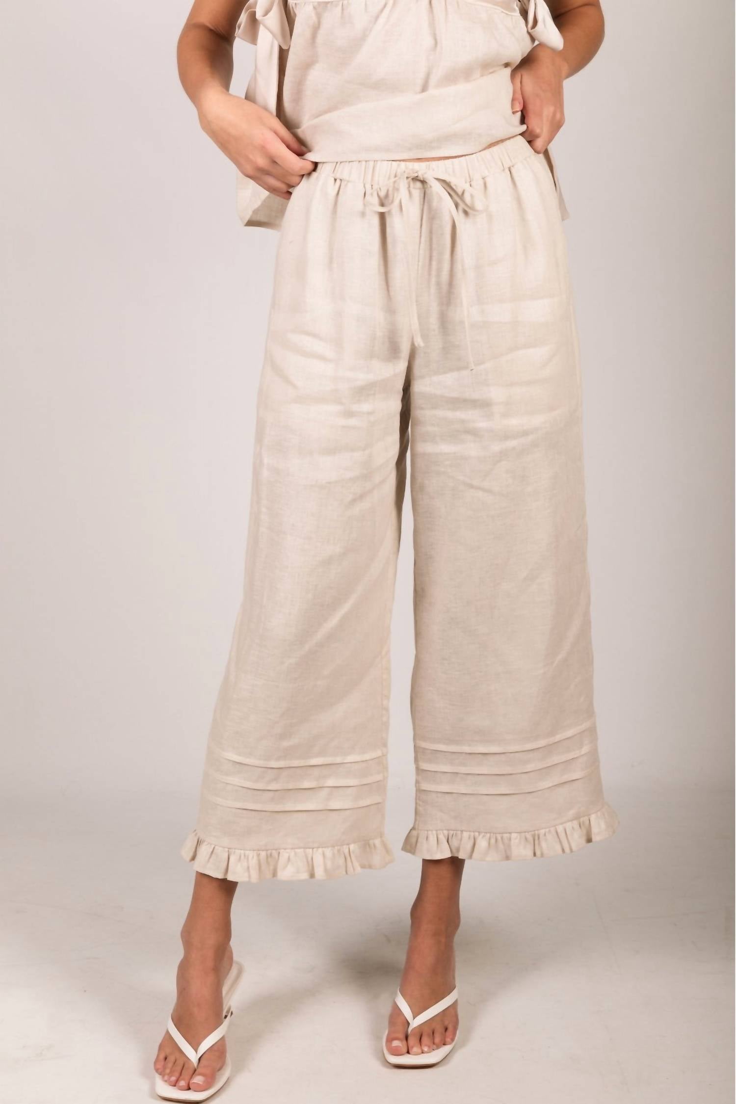 P.CILL Linen Ruffled Hem Wide Leg Pant in natural - women's pants