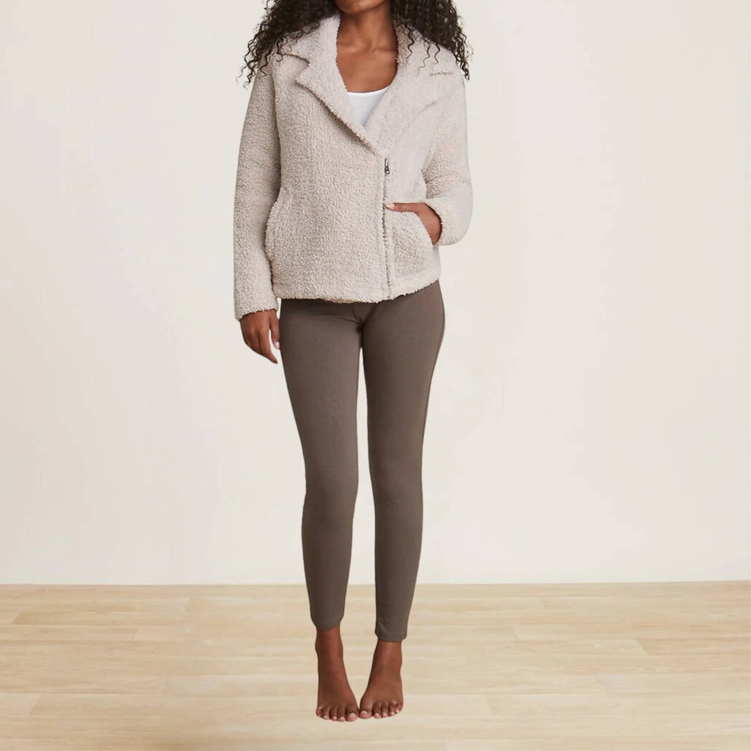 BAREFOOT DREAMS CozyChic Shearling Moto Jacket in stone - women's jacket