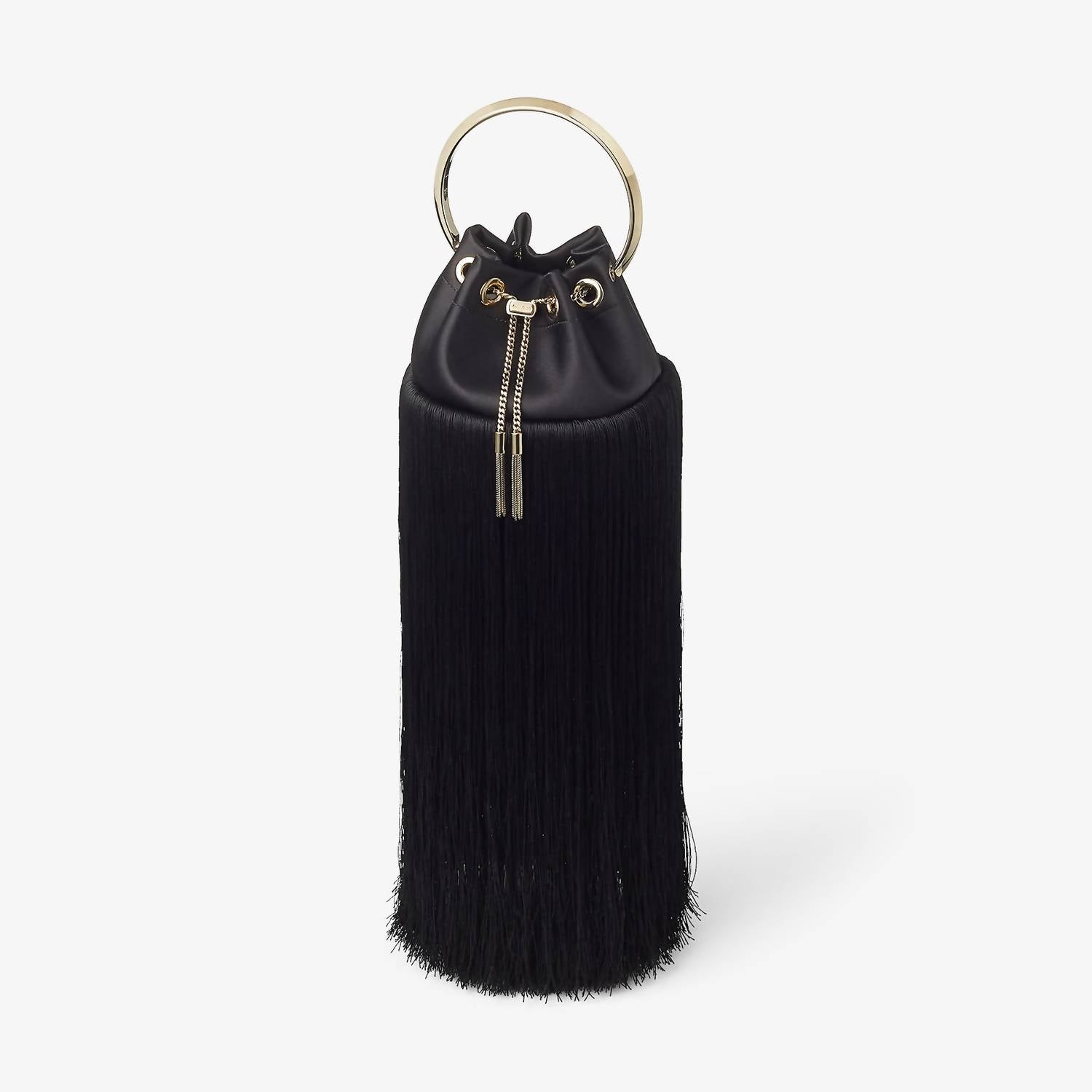 JIMMY CHOO Bon Bon Small Fringed Satin Bucket Bag in black - women's bag