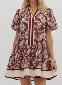 entro Blossoms Puff Sleeves Dress in burgundy - women's dress
