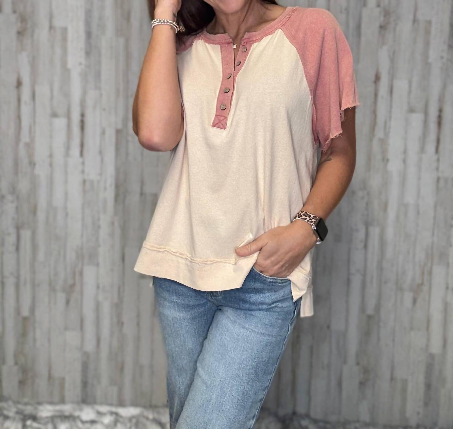 Easel Brynn Color Block Top in pink - women's t-shirt - alternate view
