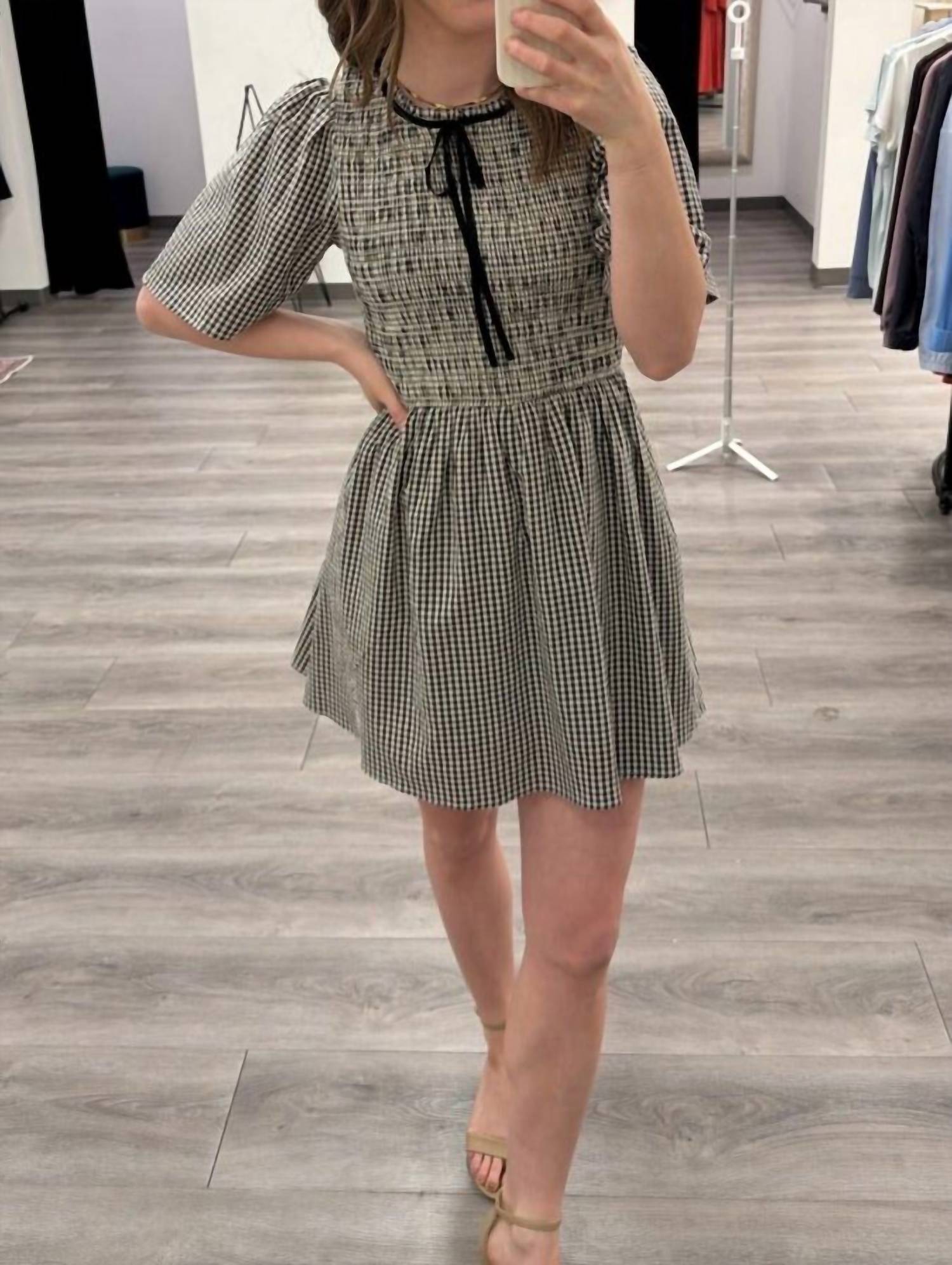 WISHLIST Gingham Smocked Mini Dress in black cream - women's dress - alternate view